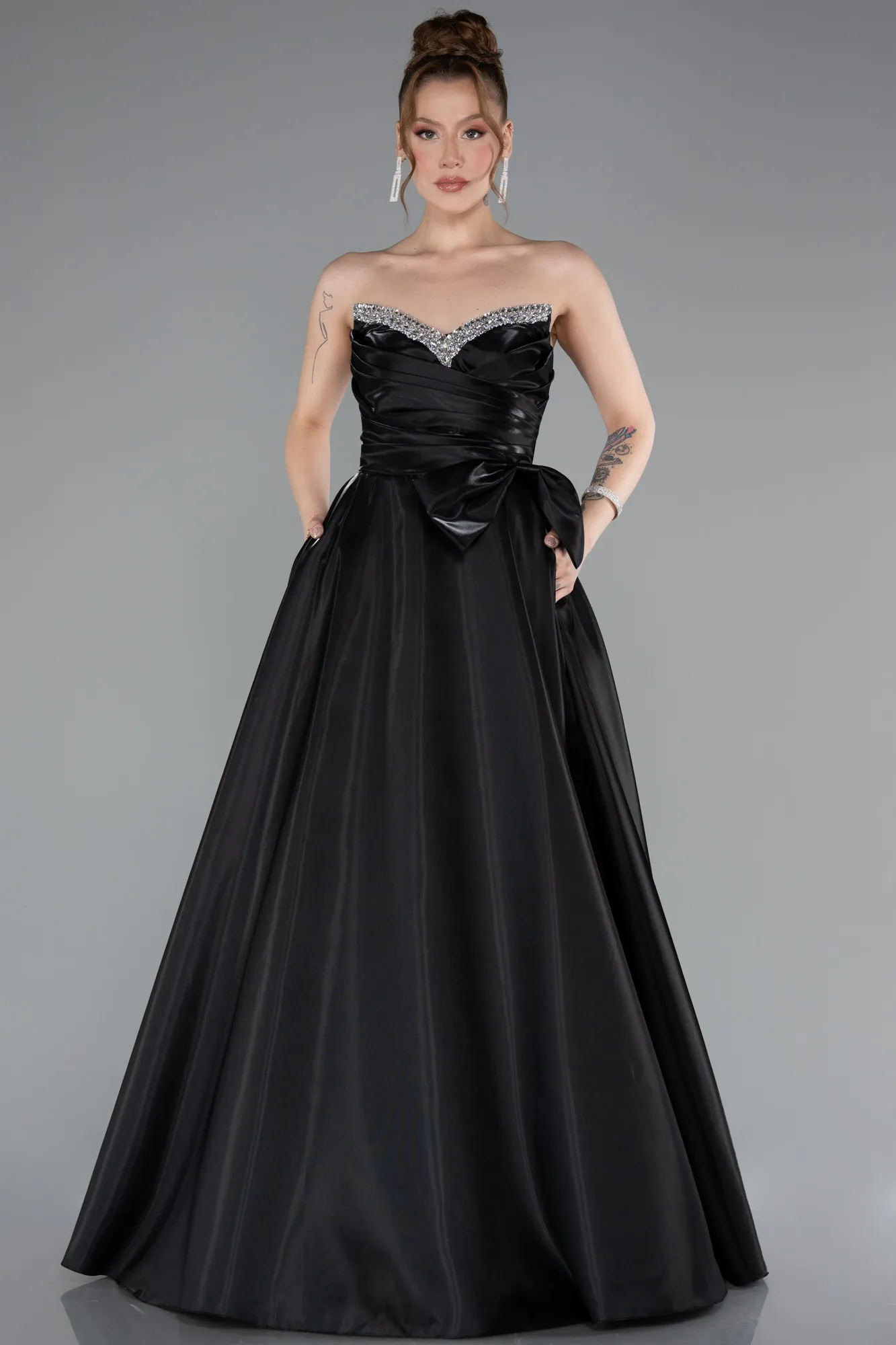 Black-Long Satin Evening Dress ABU4991