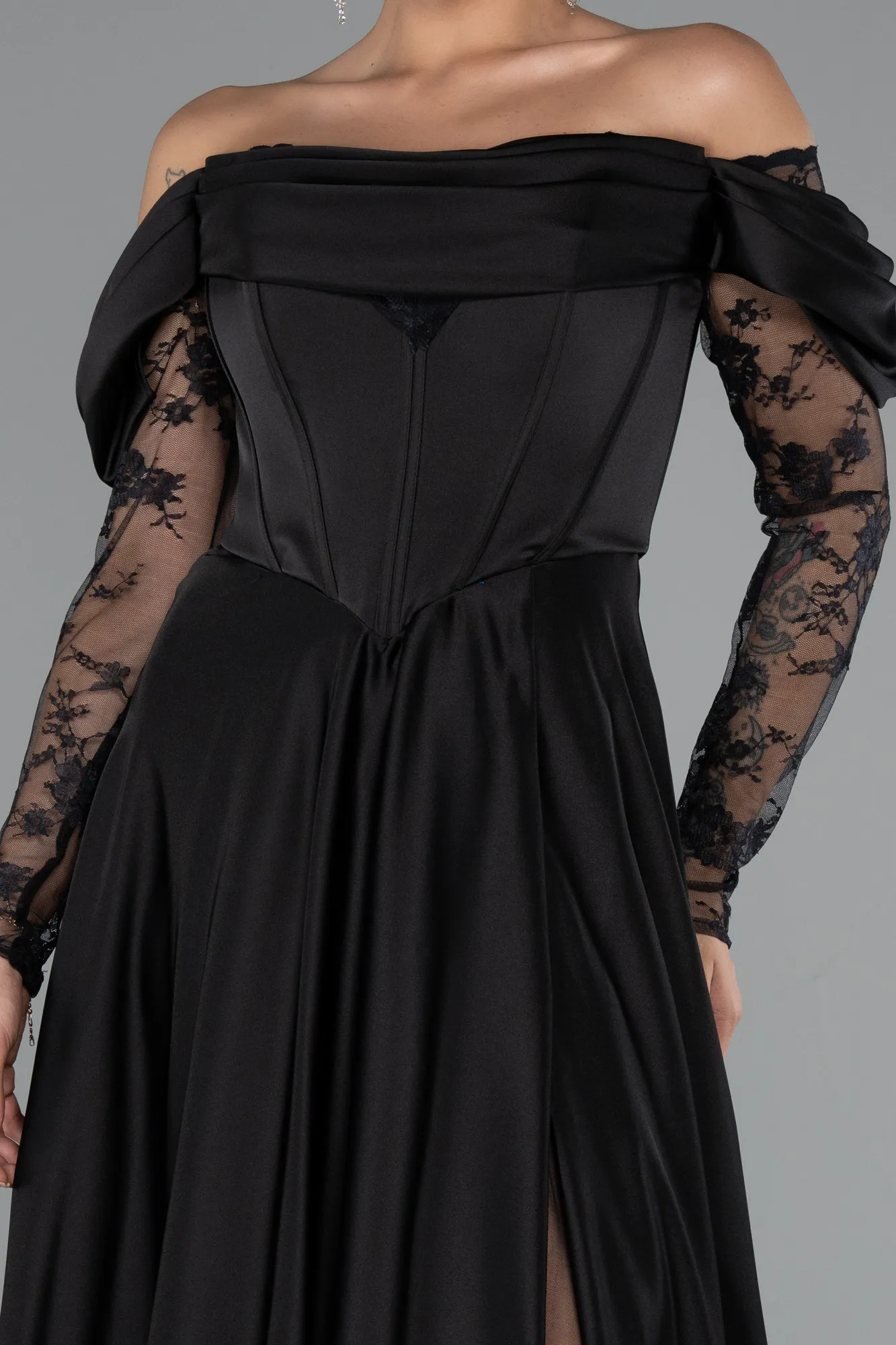 Black-Long Satin Evening Dress ABU5054