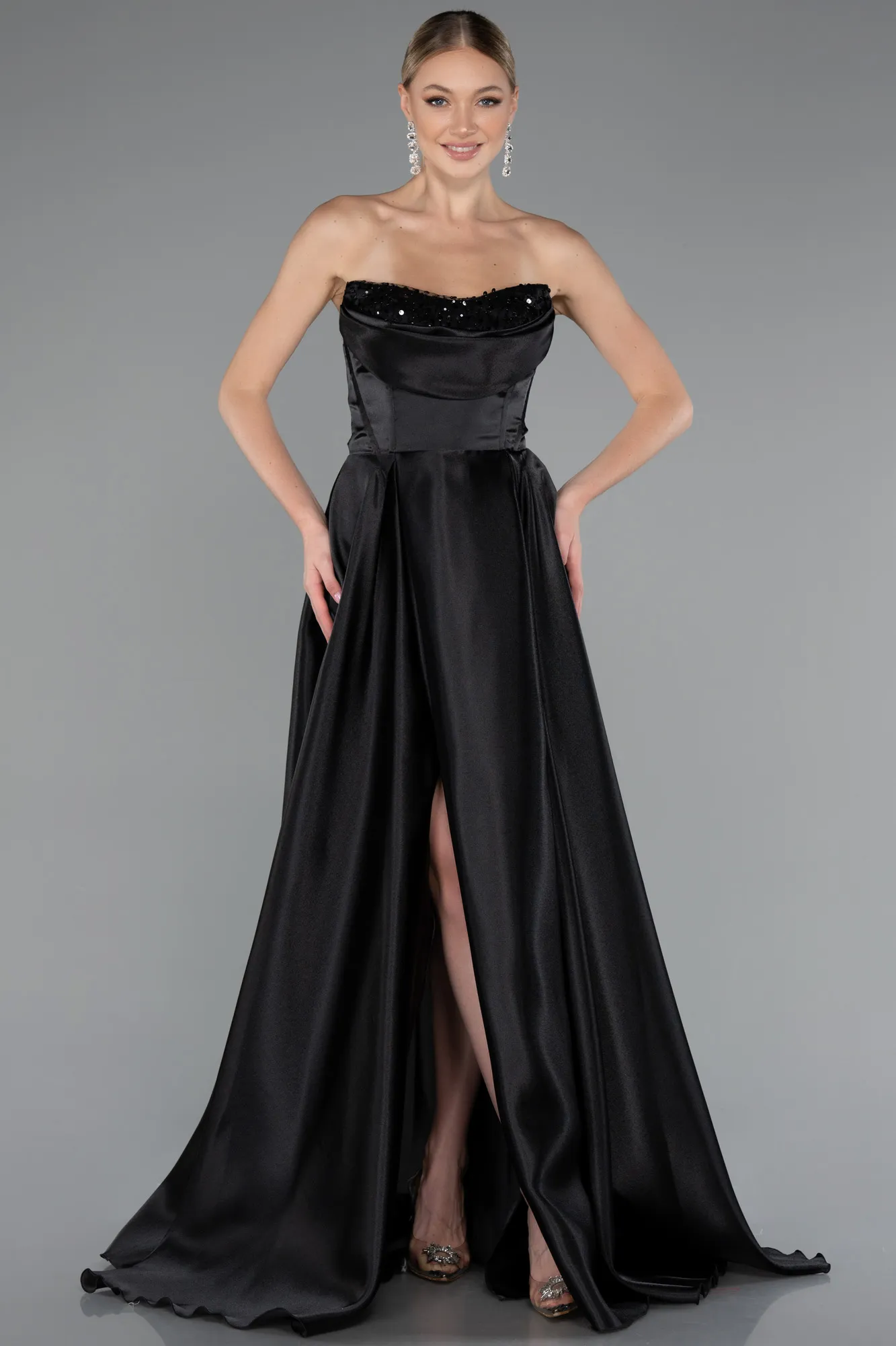 Black-Long Satin Evening Dress ABU5064