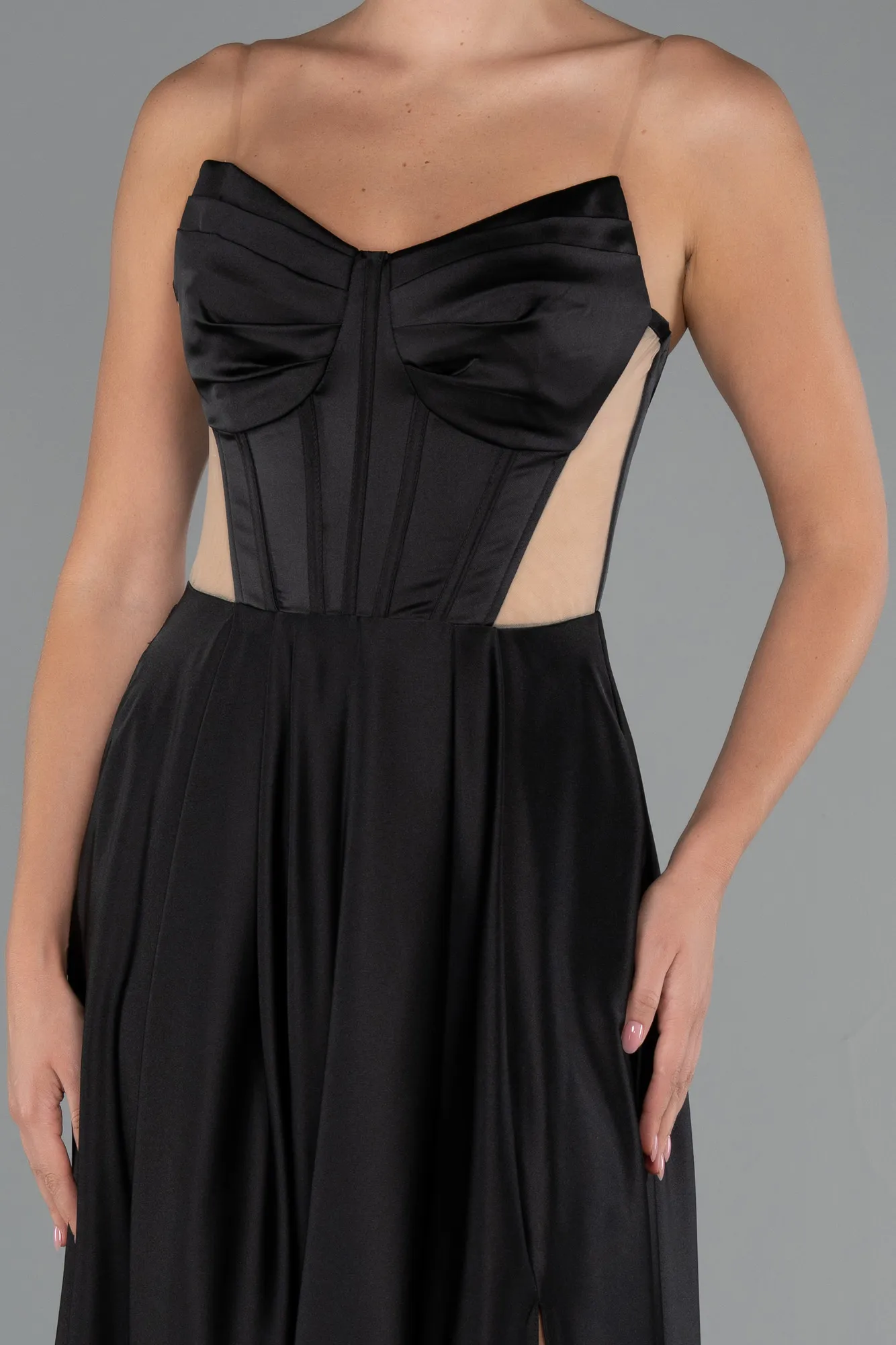 Black-Long Satin Evening Dress ABU5246