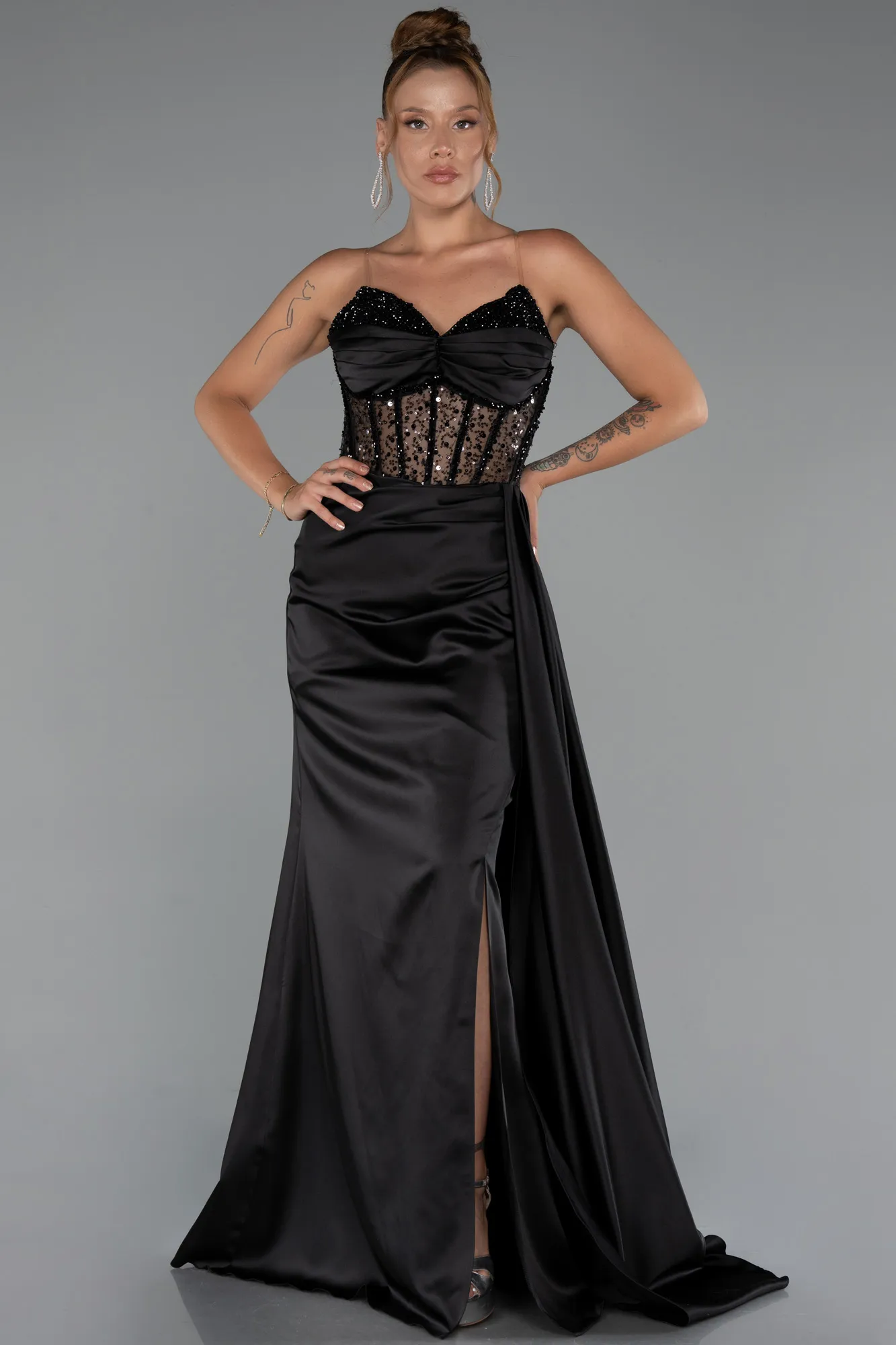 Black-Long Satin Evening Dress ABU5288