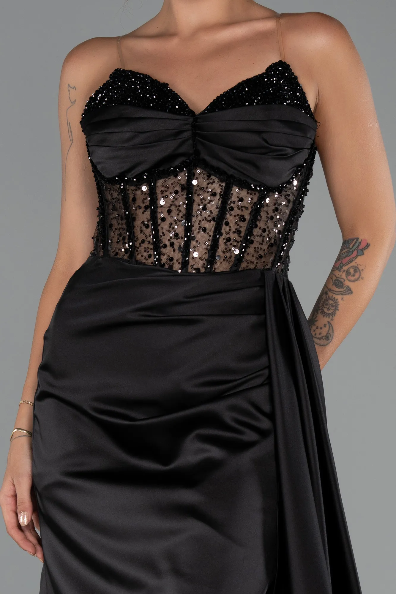 Black-Long Satin Evening Dress ABU5288