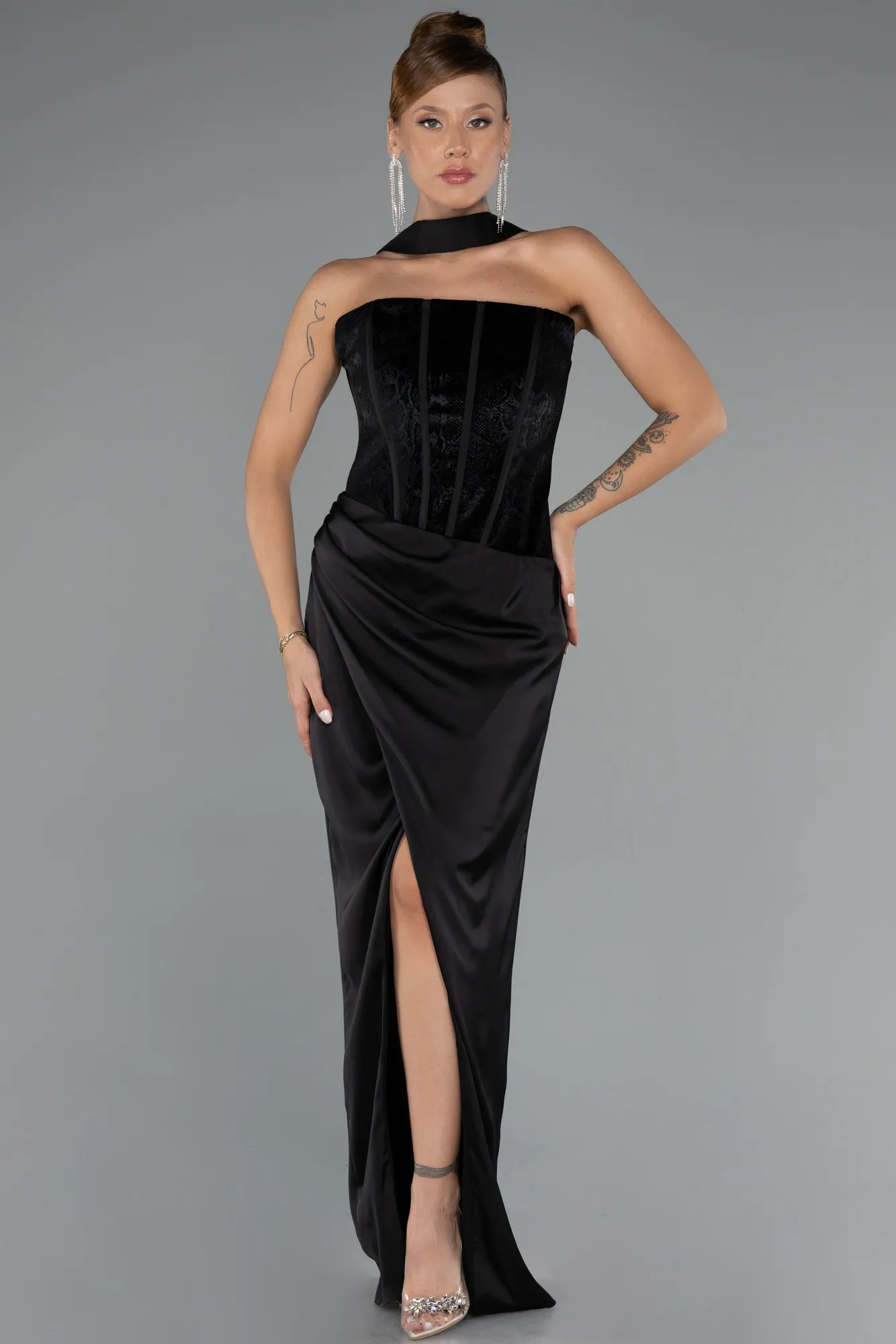 Black-Long Satin Evening Dress ABU5349