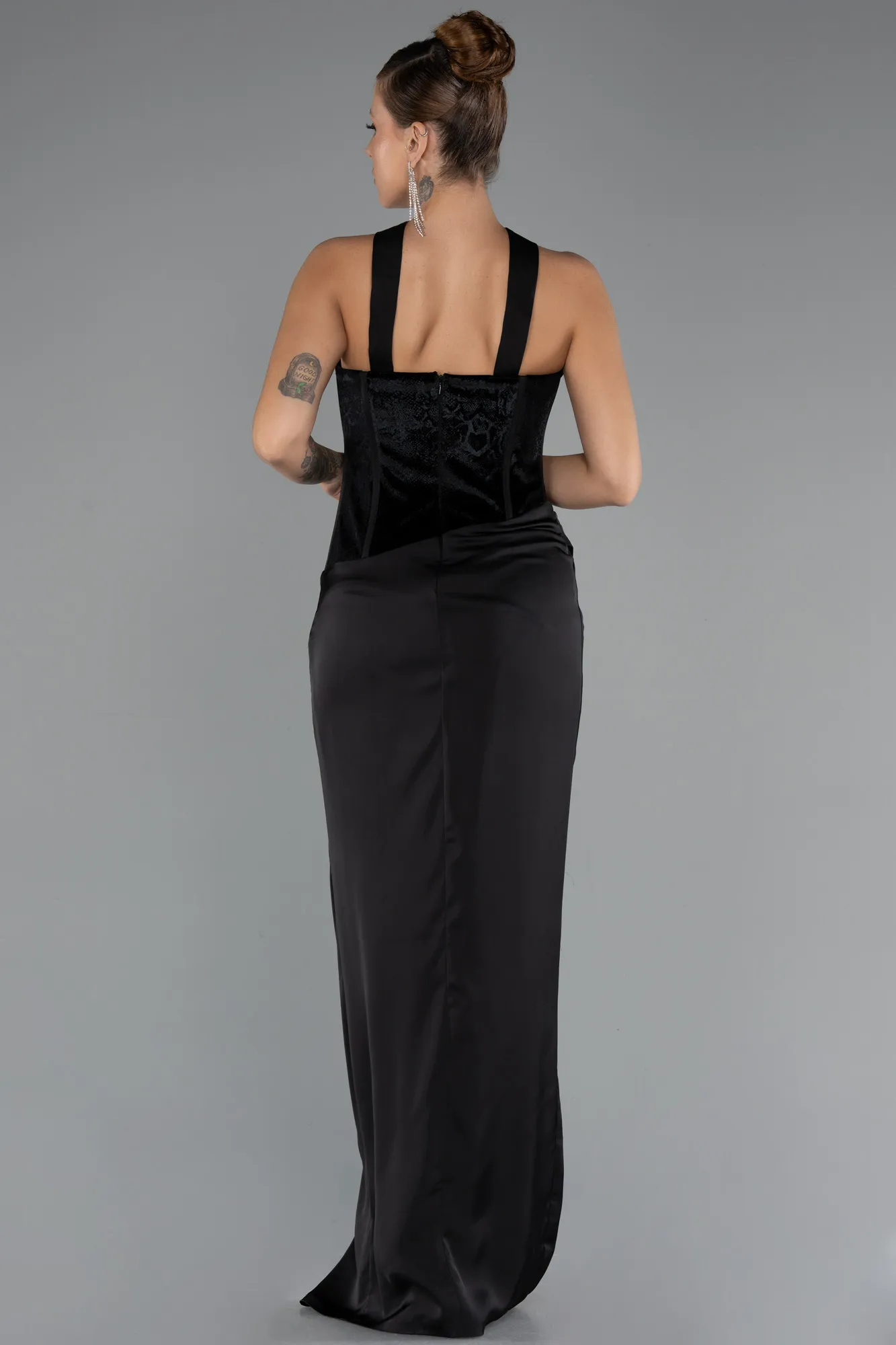 Black-Long Satin Evening Dress ABU5349