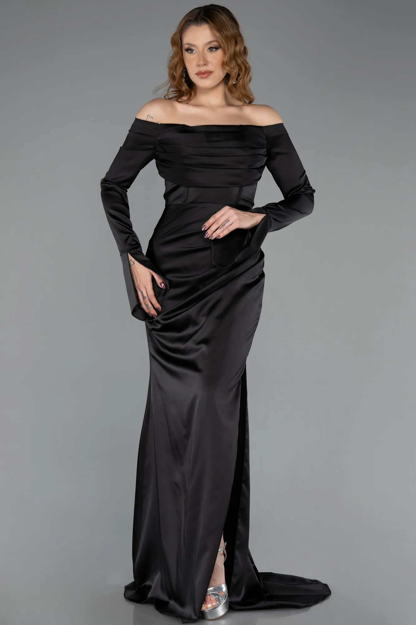 Black-Long Satin Evening Dress ABU5513