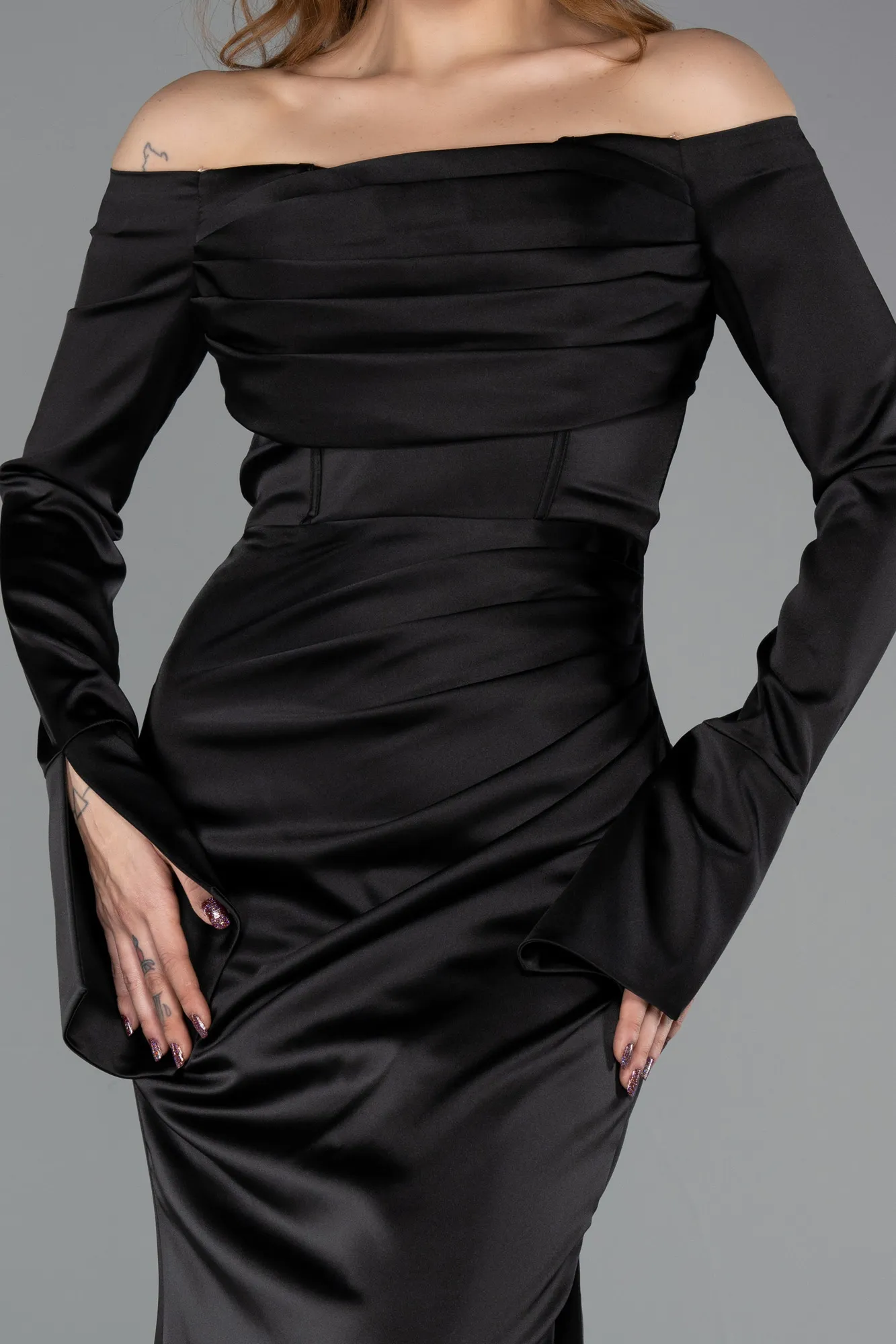 Black-Long Satin Evening Dress ABU5513