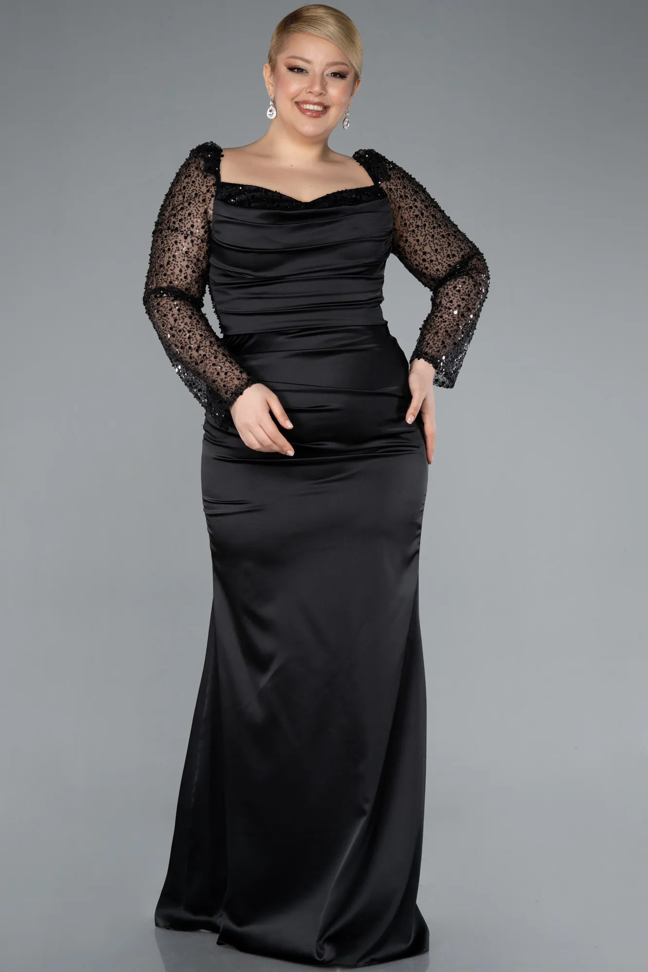 Black-Long Satin Formal Plus Size Dress ABU4670