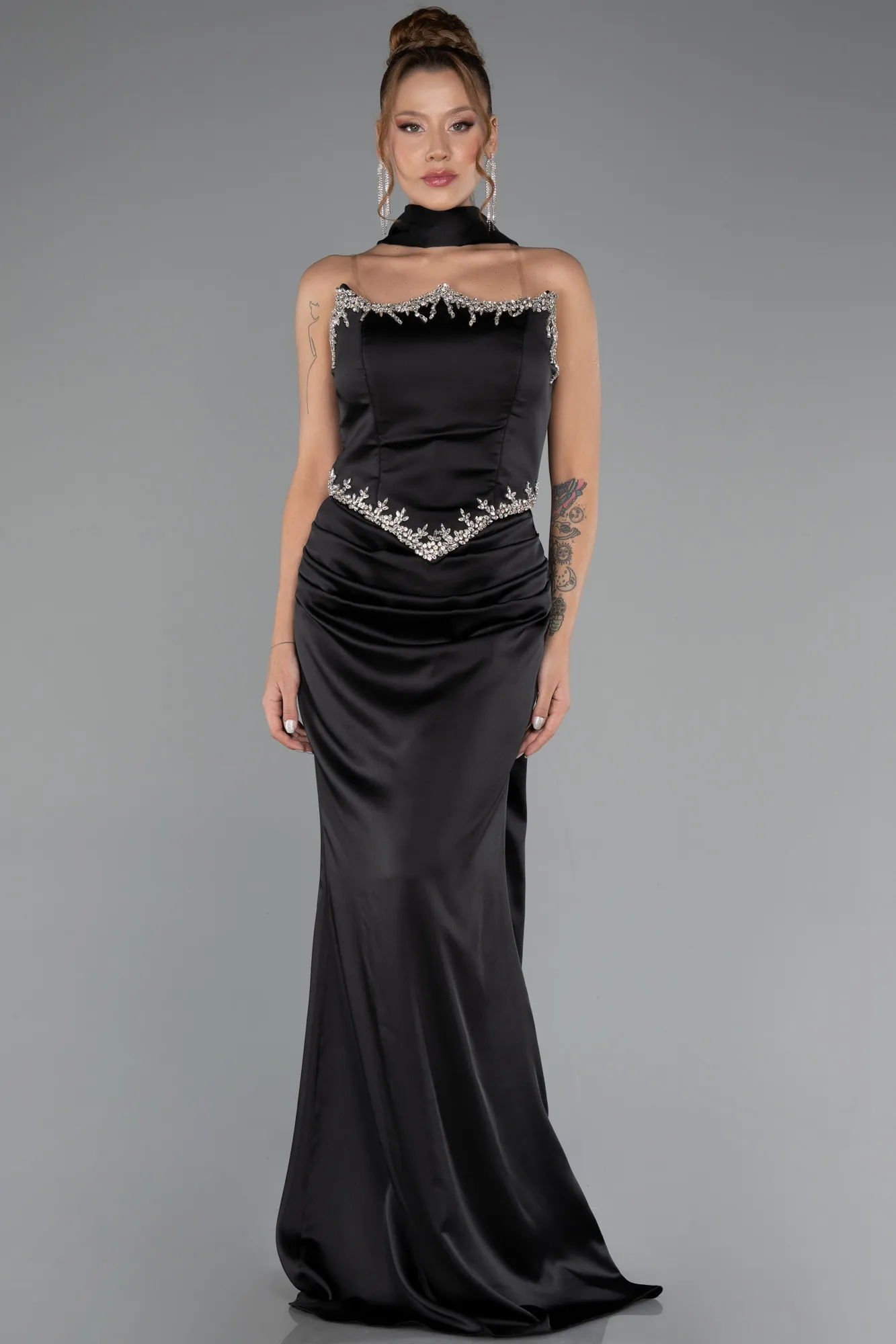 Black-Long Satin Mermaid Prom Dress ABU5370