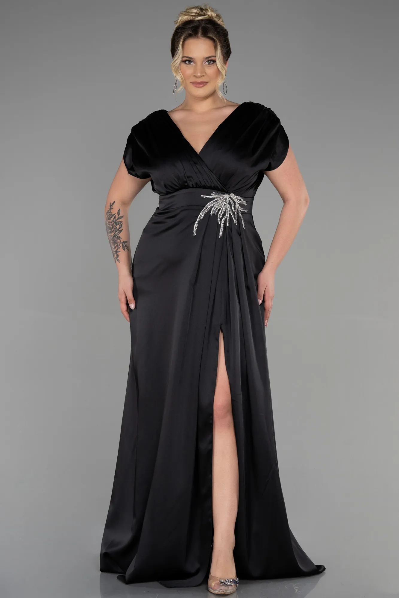 Black-Long Satin Plus Size Engagement Dress ABU3433