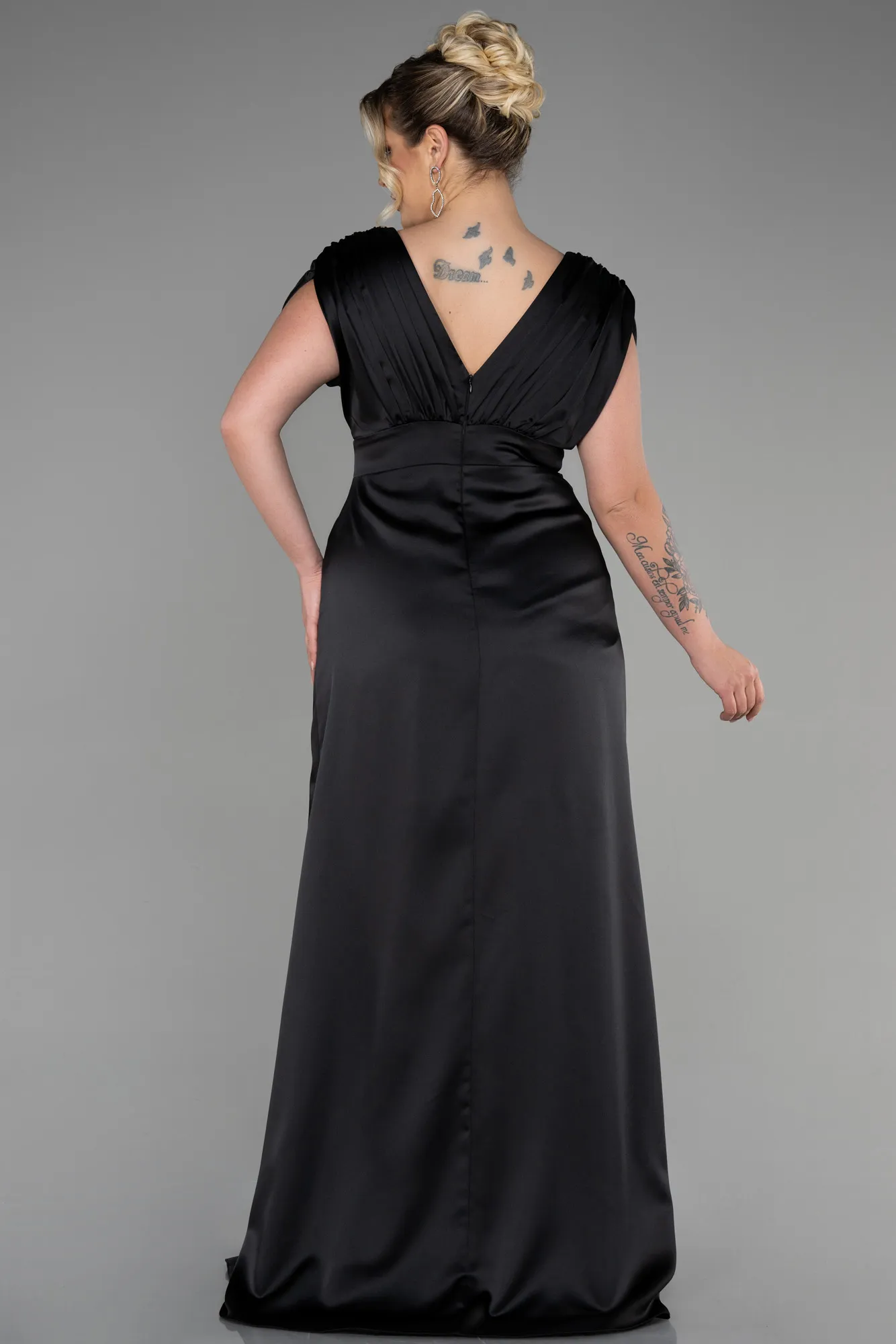 Black-Long Satin Plus Size Engagement Dress ABU3433