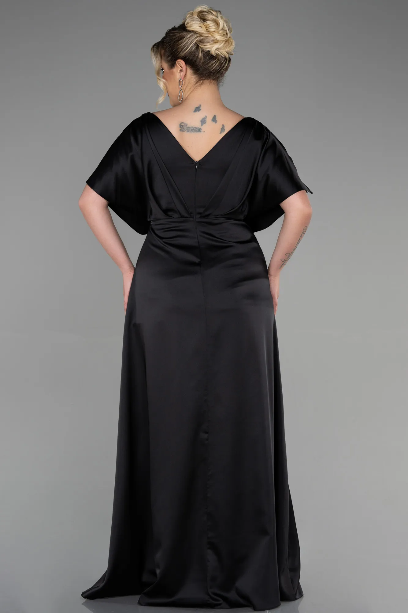 Black-Long Satin Plus Size Engagement Dress ABU3442