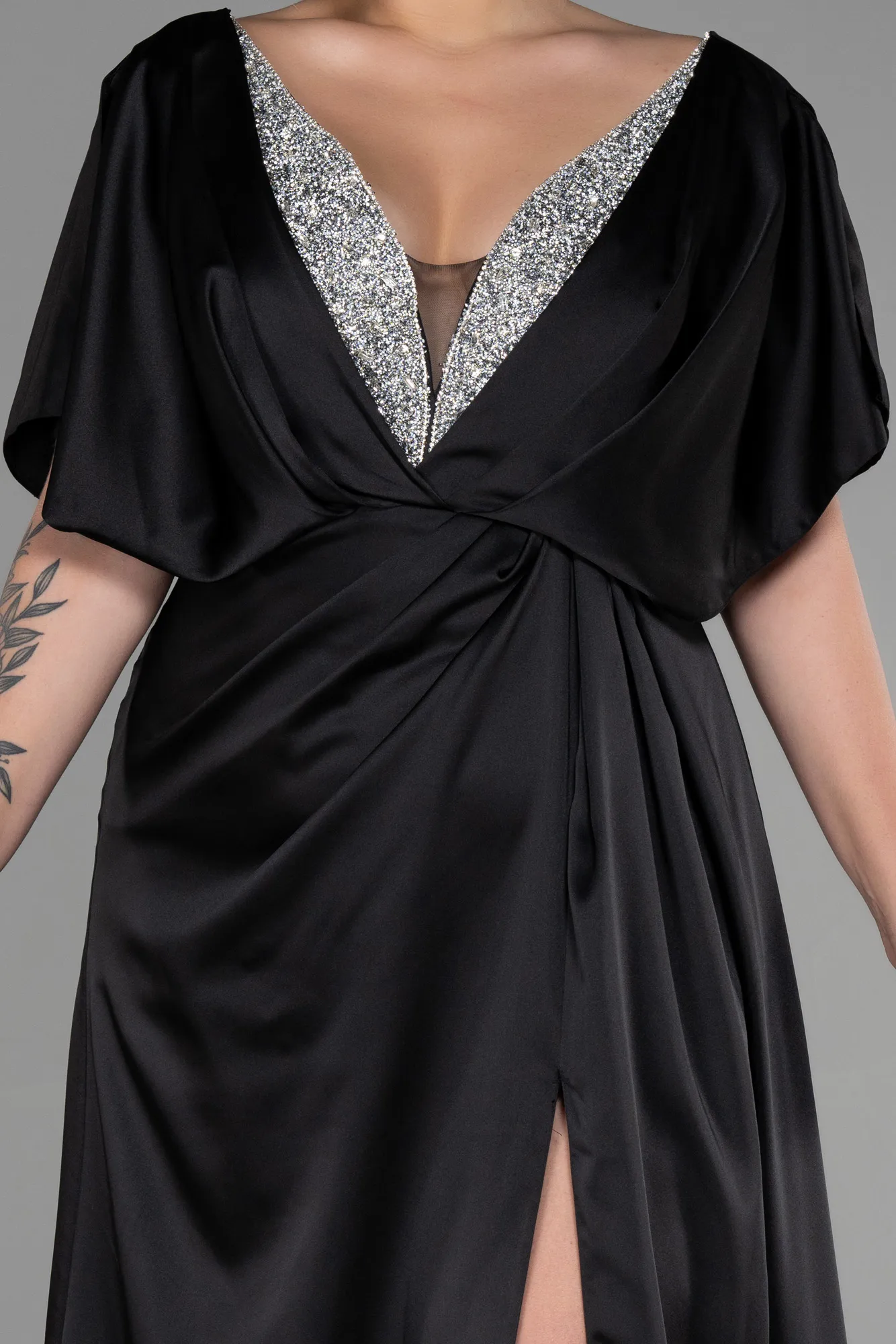 Black-Long Satin Plus Size Engagement Dress ABU3442