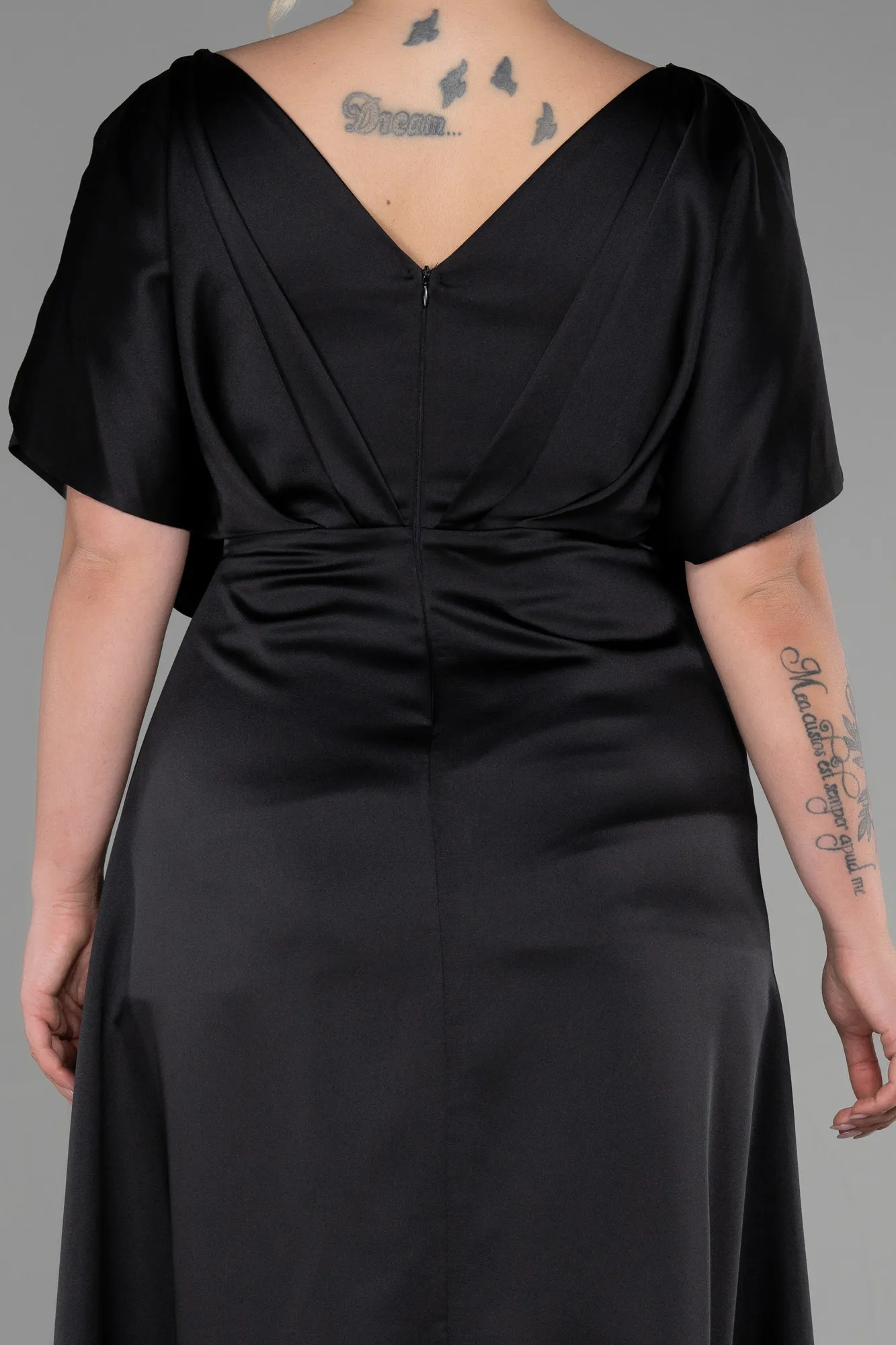 Black-Long Satin Plus Size Engagement Dress ABU3442
