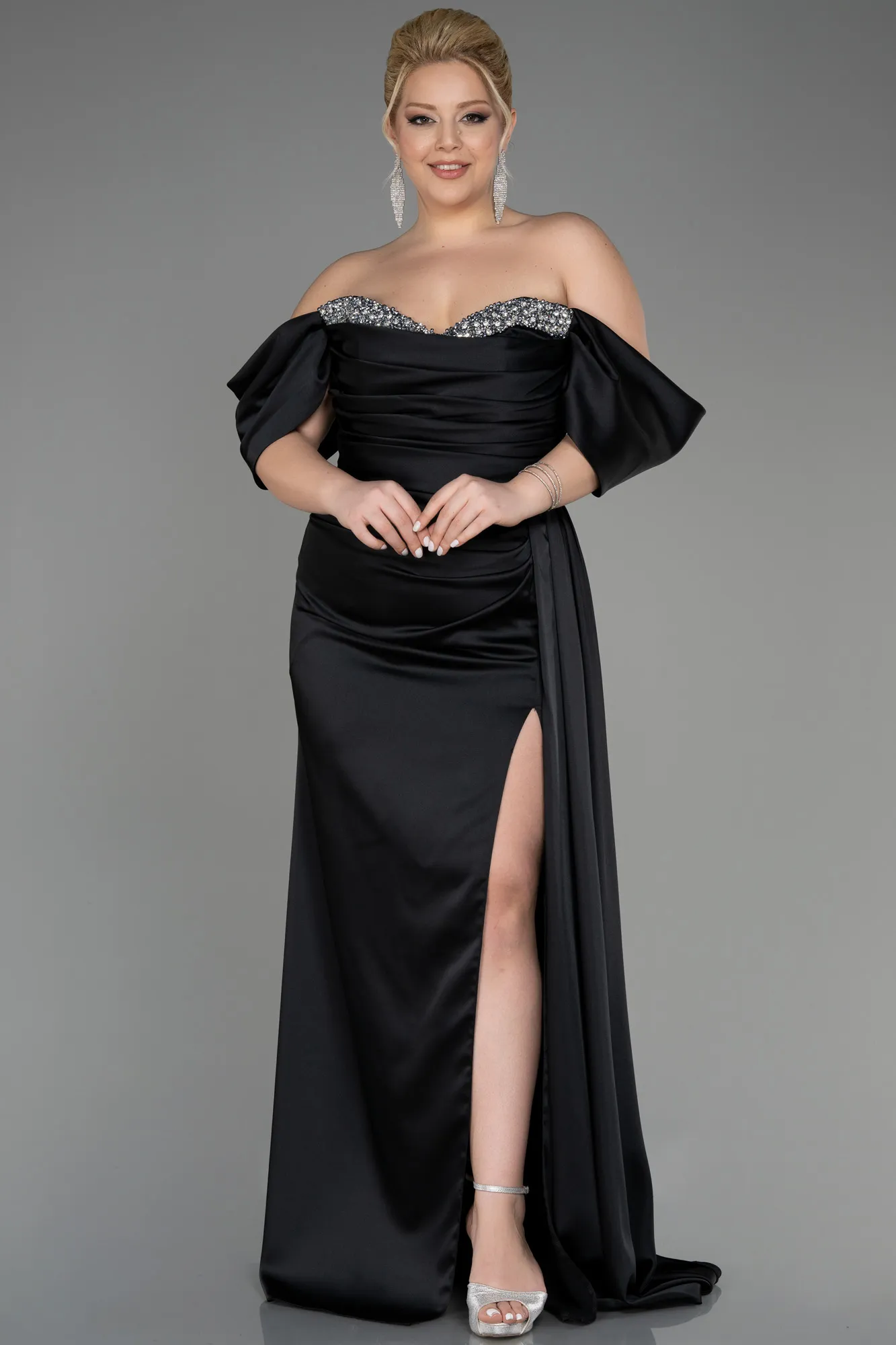 Black-Long Satin Plus Size Engagement Dress ABU3655