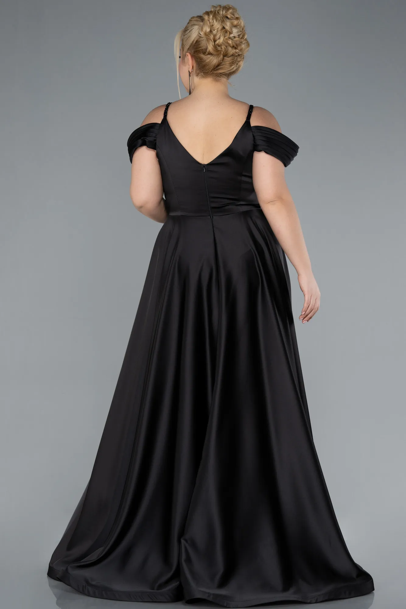 Black-Long Satin Plus Size Engagement Dress ABU4539