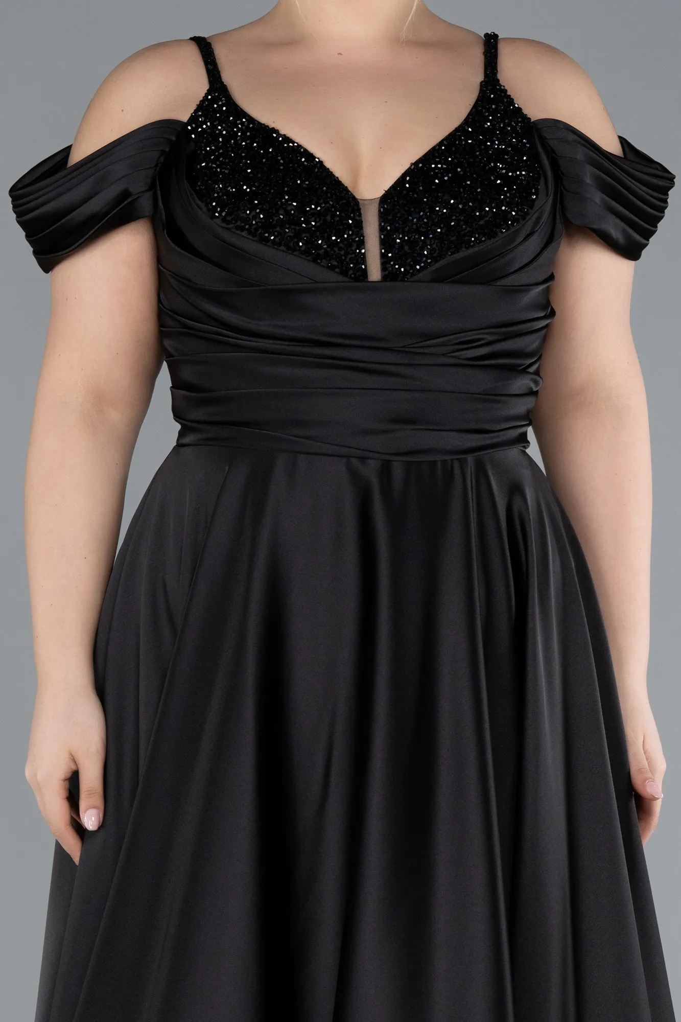 Black-Long Satin Plus Size Engagement Dress ABU4539
