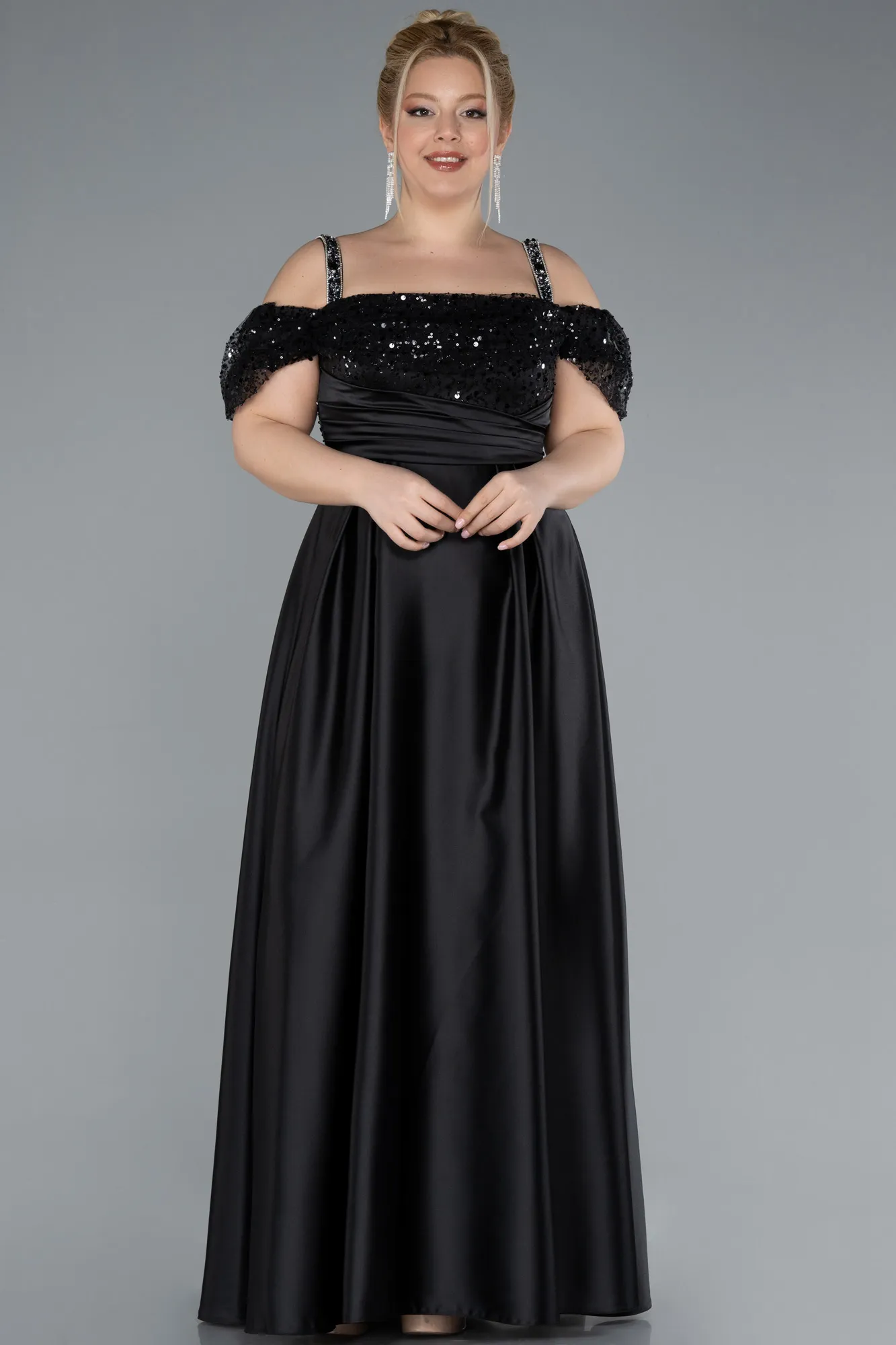 Black-Long Satin Plus Size Engagement Dress ABU4628
