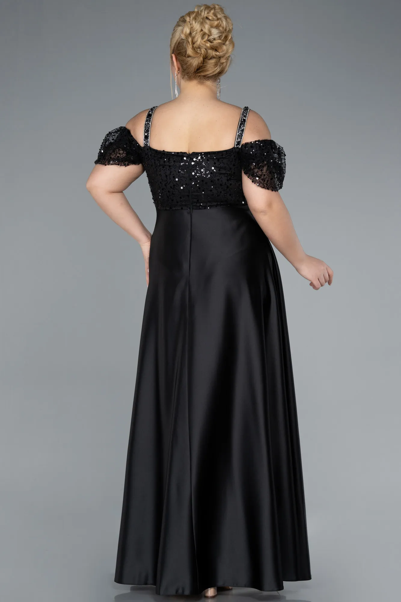 Black-Long Satin Plus Size Engagement Dress ABU4628