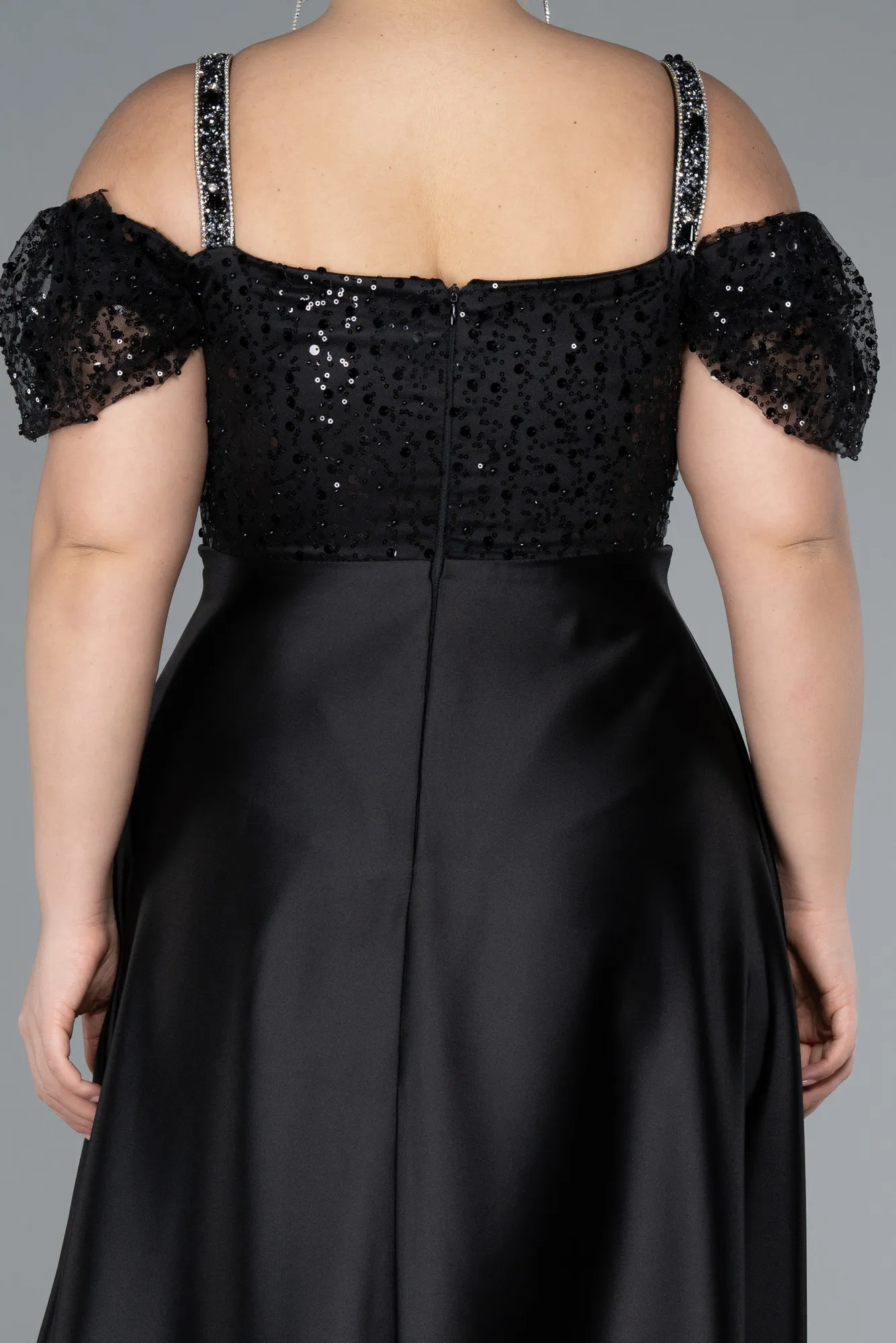 Black-Long Satin Plus Size Engagement Dress ABU4628