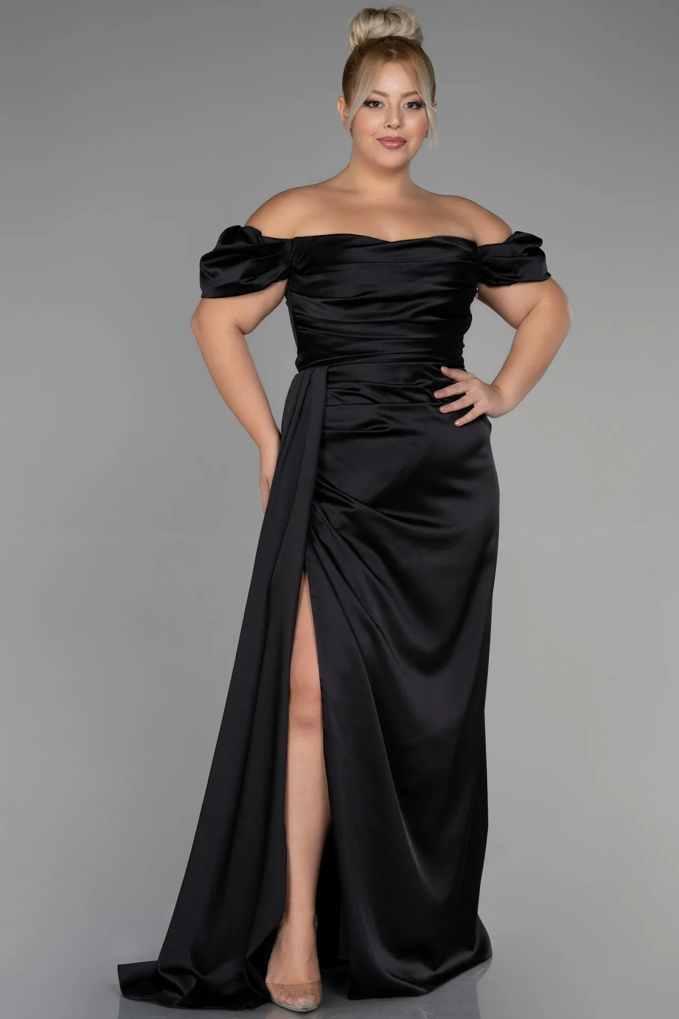 Black-Long Satin Plus Size Evening Dress ABU1626