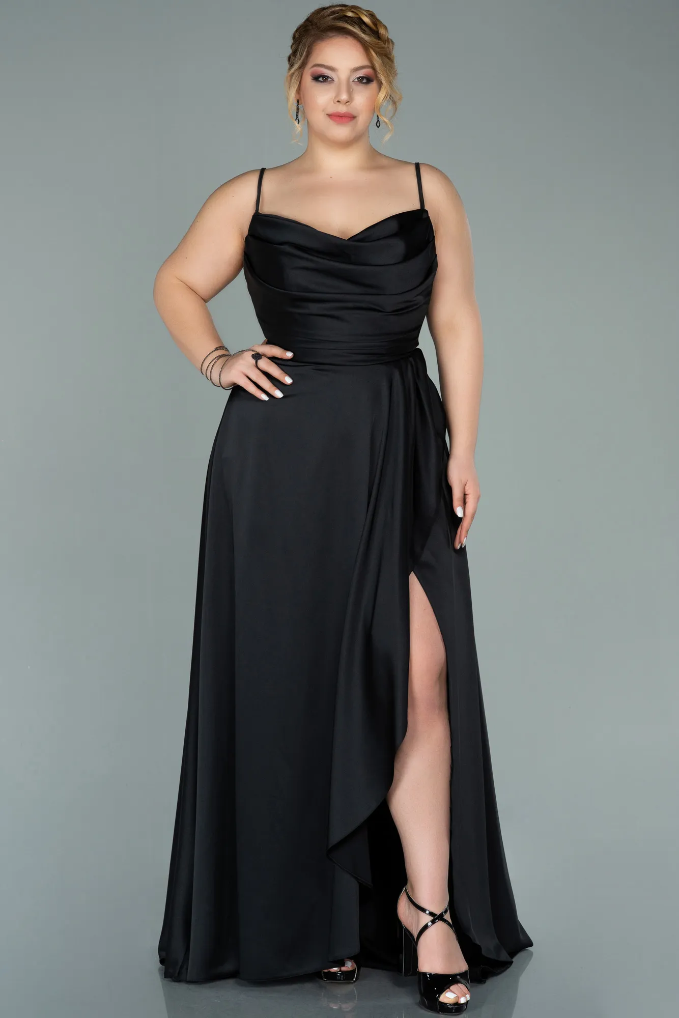 Black-Long Satin Plus Size Evening Dress ABU2011