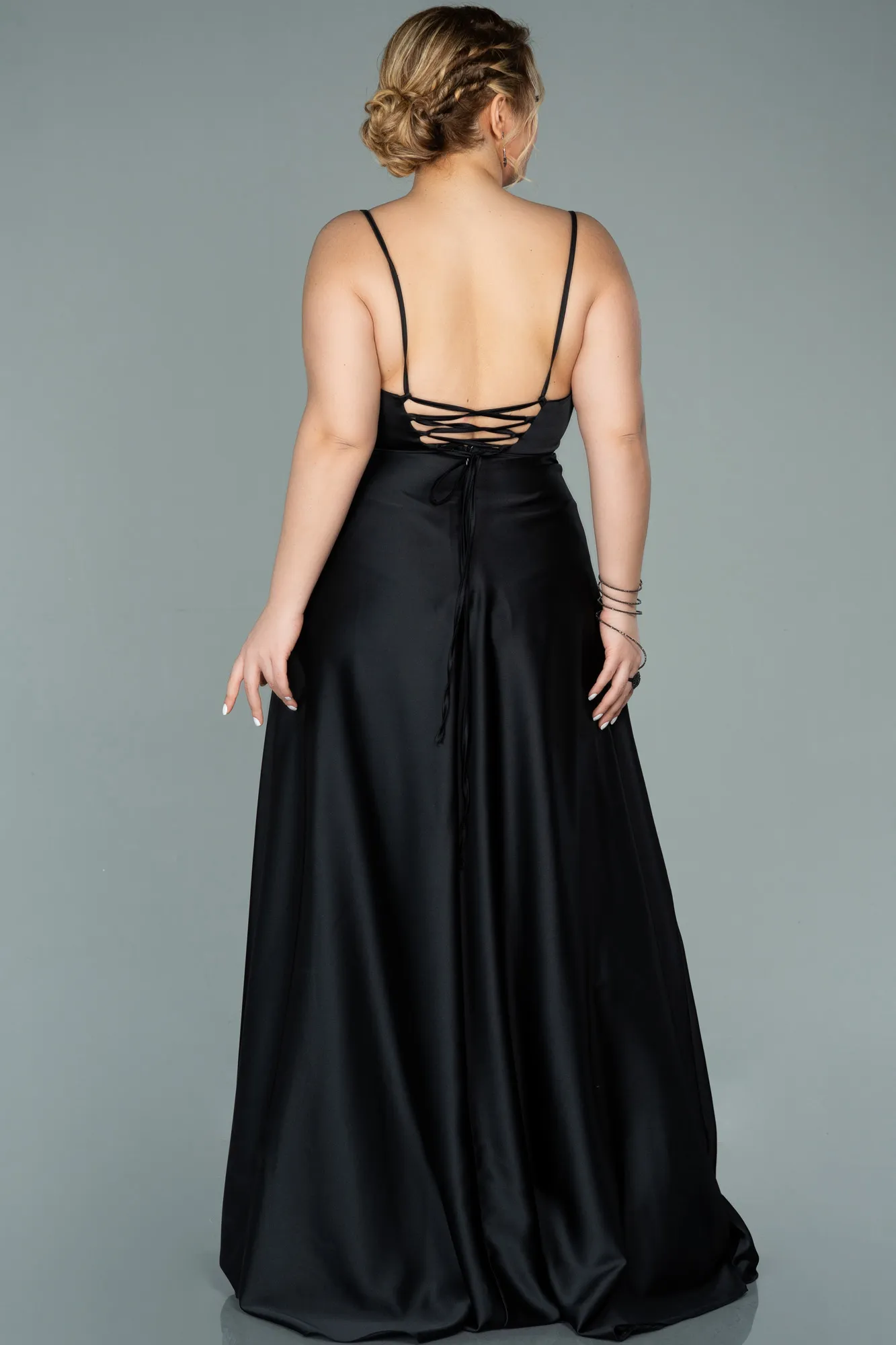 Black-Long Satin Plus Size Evening Dress ABU2011