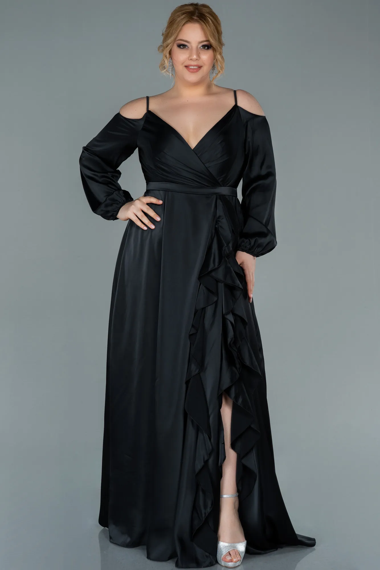 Black-Long Satin Plus Size Evening Dress ABU2358