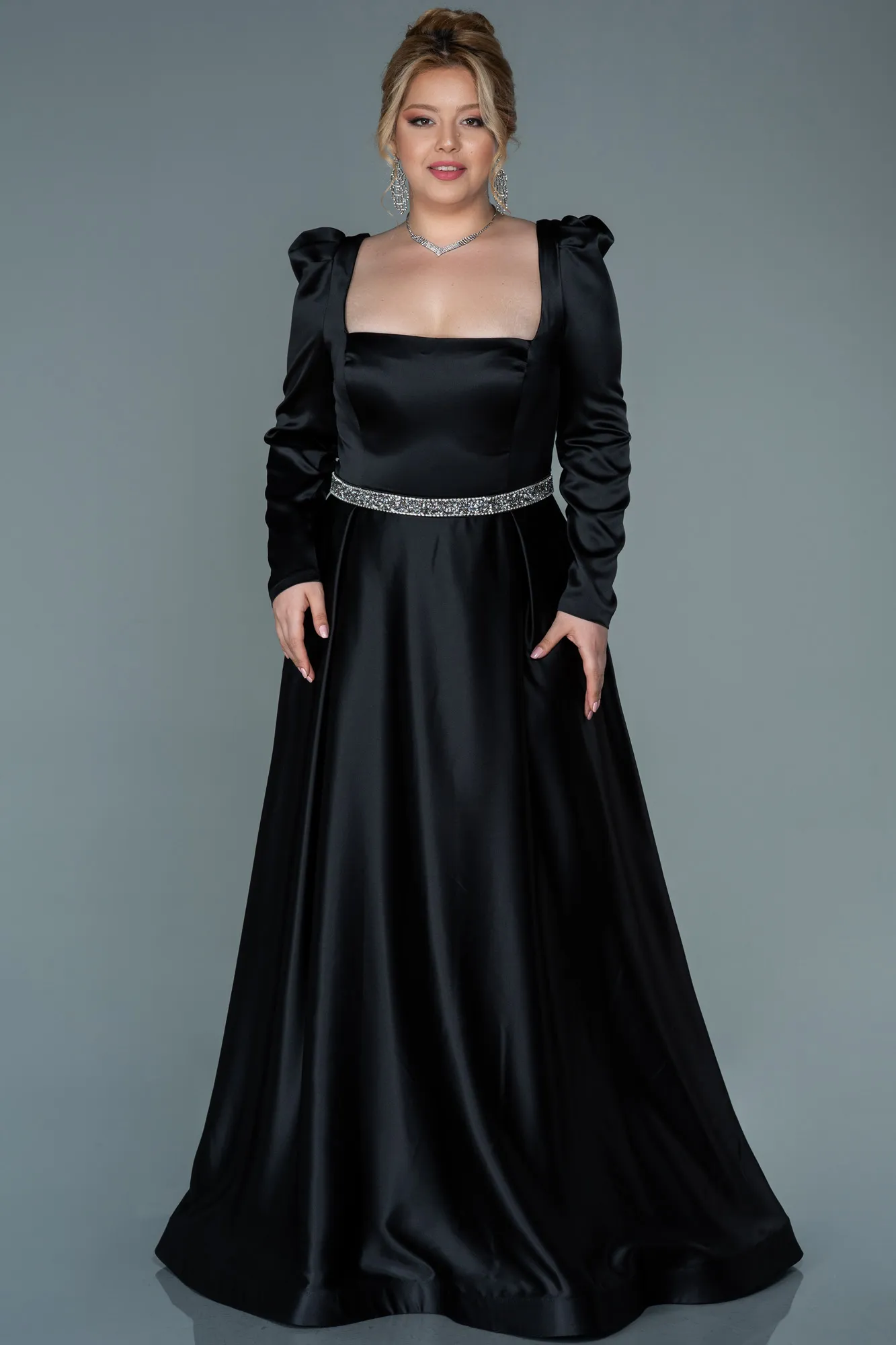 Black-Long Satin Plus Size Evening Dress ABU2684