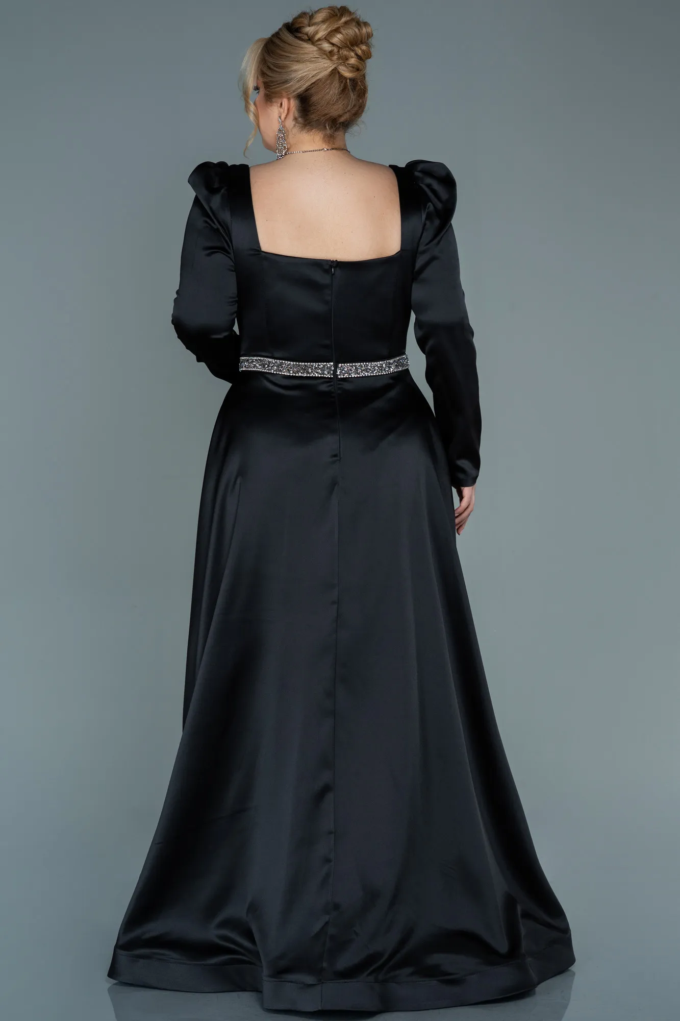 Black-Long Satin Plus Size Evening Dress ABU2684