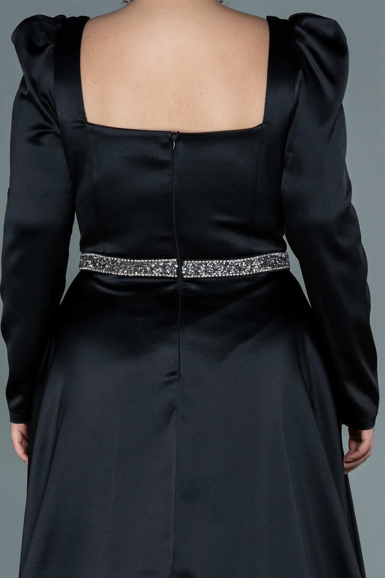 Black-Long Satin Plus Size Evening Dress ABU2684