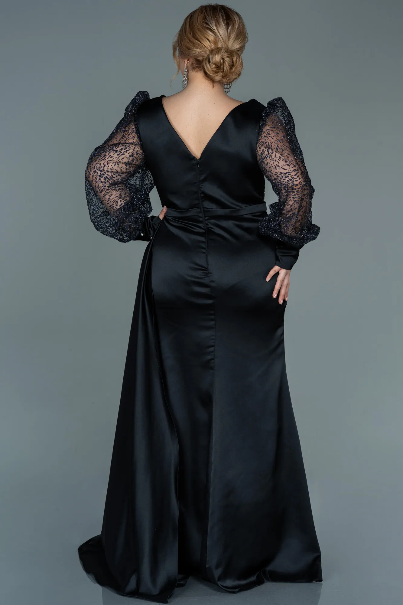 Black-Long Satin Plus Size Evening Dress ABU2759