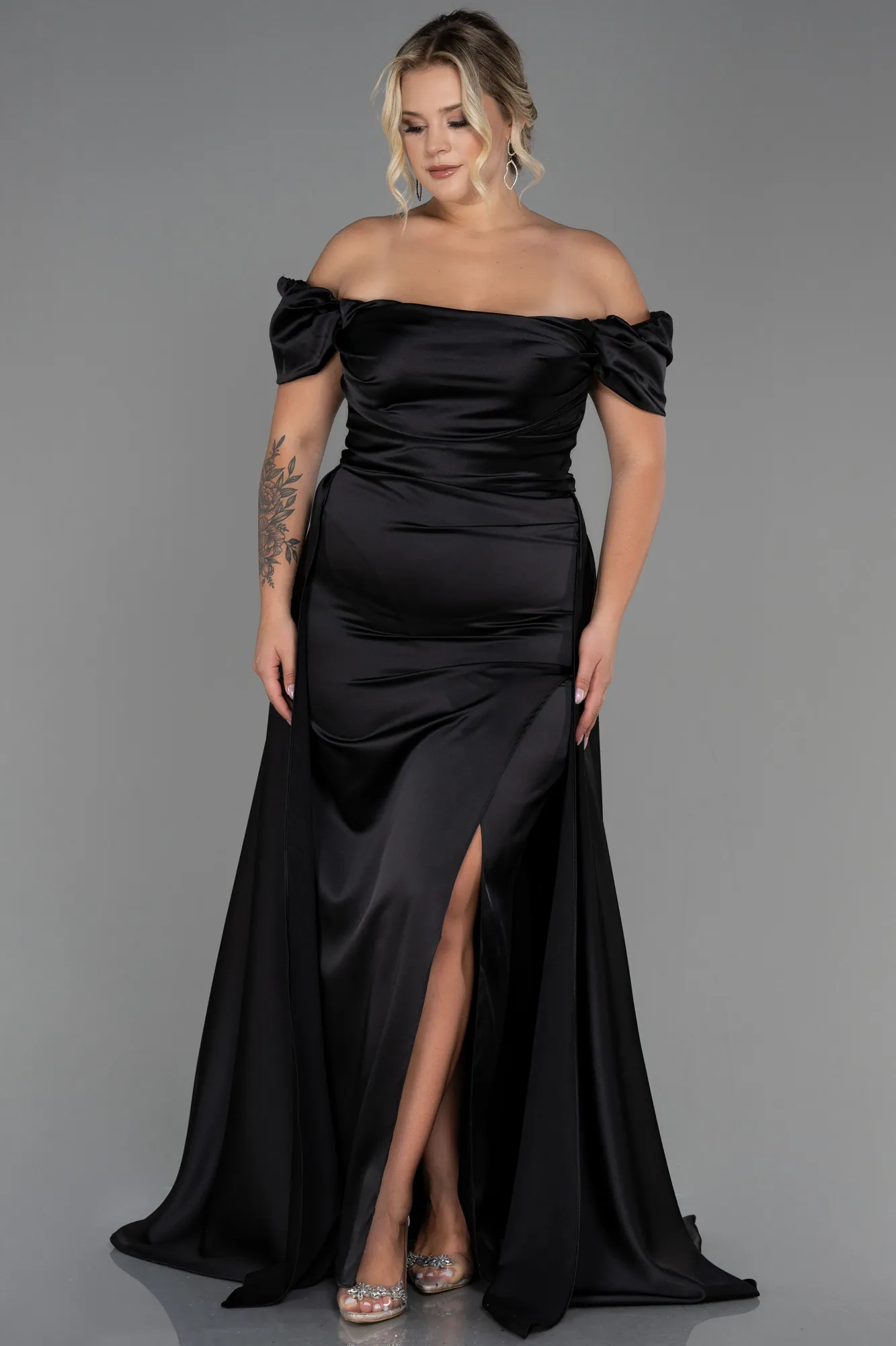 Black-Long Satin Plus Size Evening Dress ABU2923