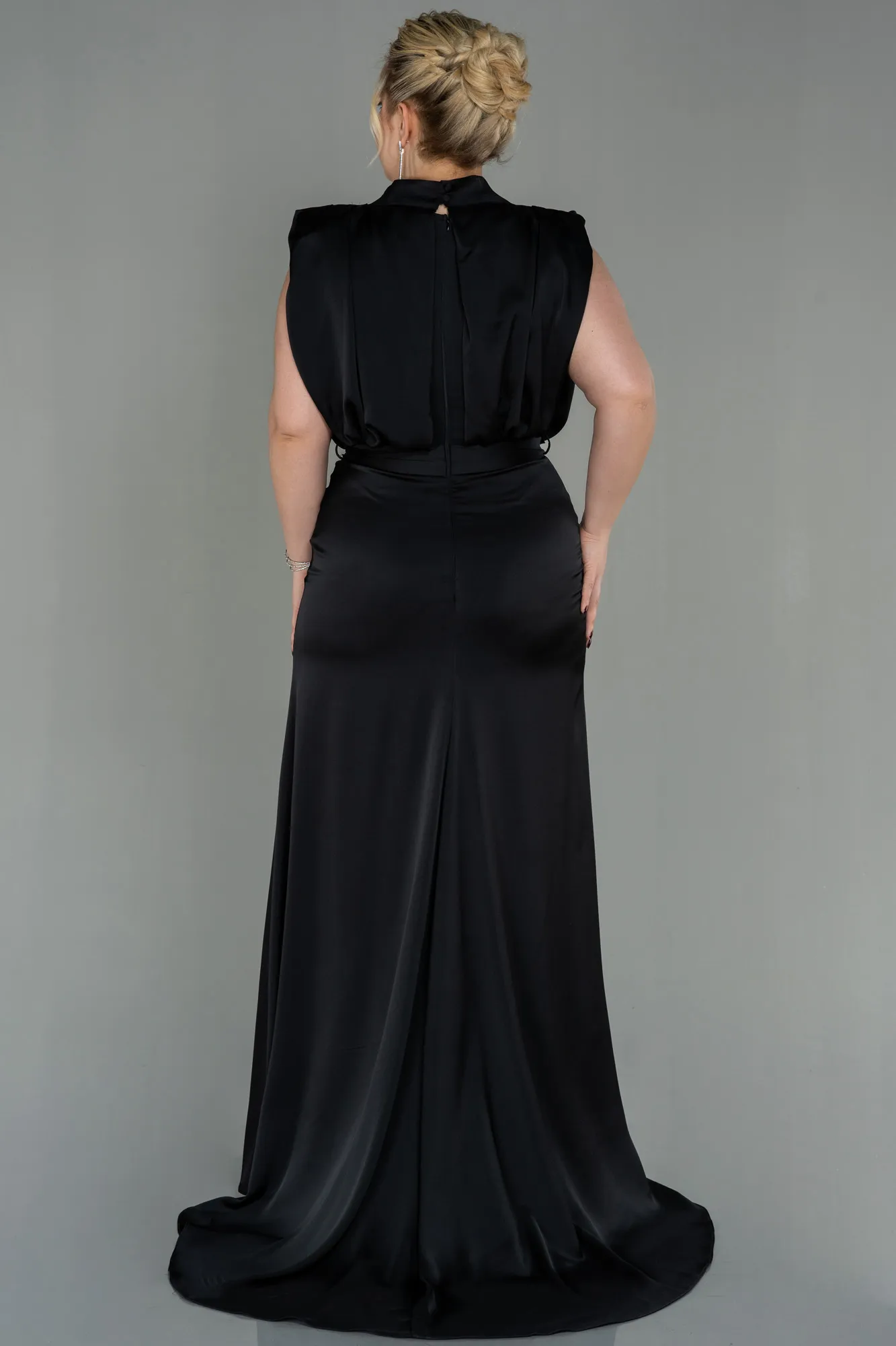 Black-Long Satin Plus Size Evening Dress ABU2969