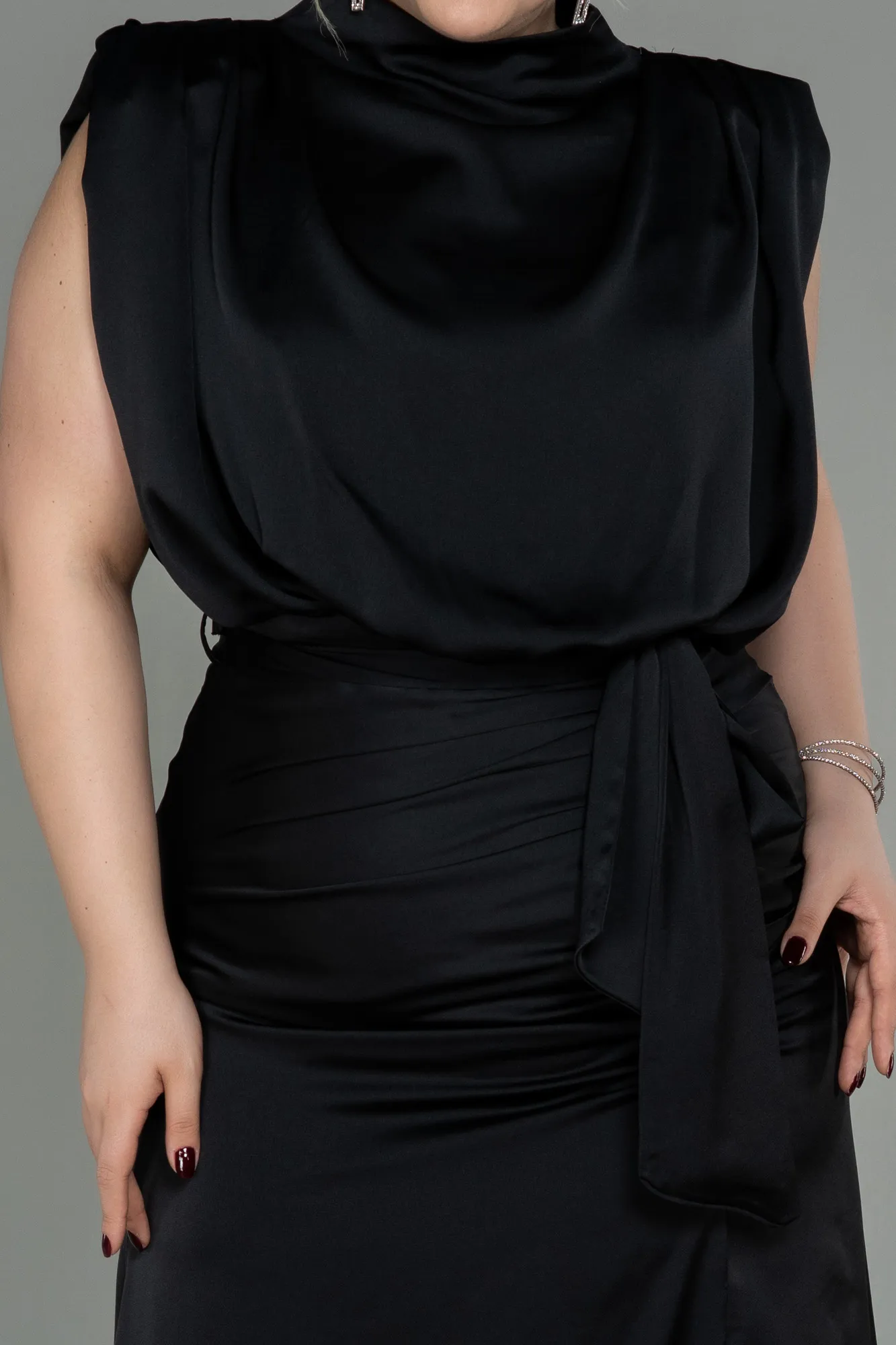 Black-Long Satin Plus Size Evening Dress ABU2969