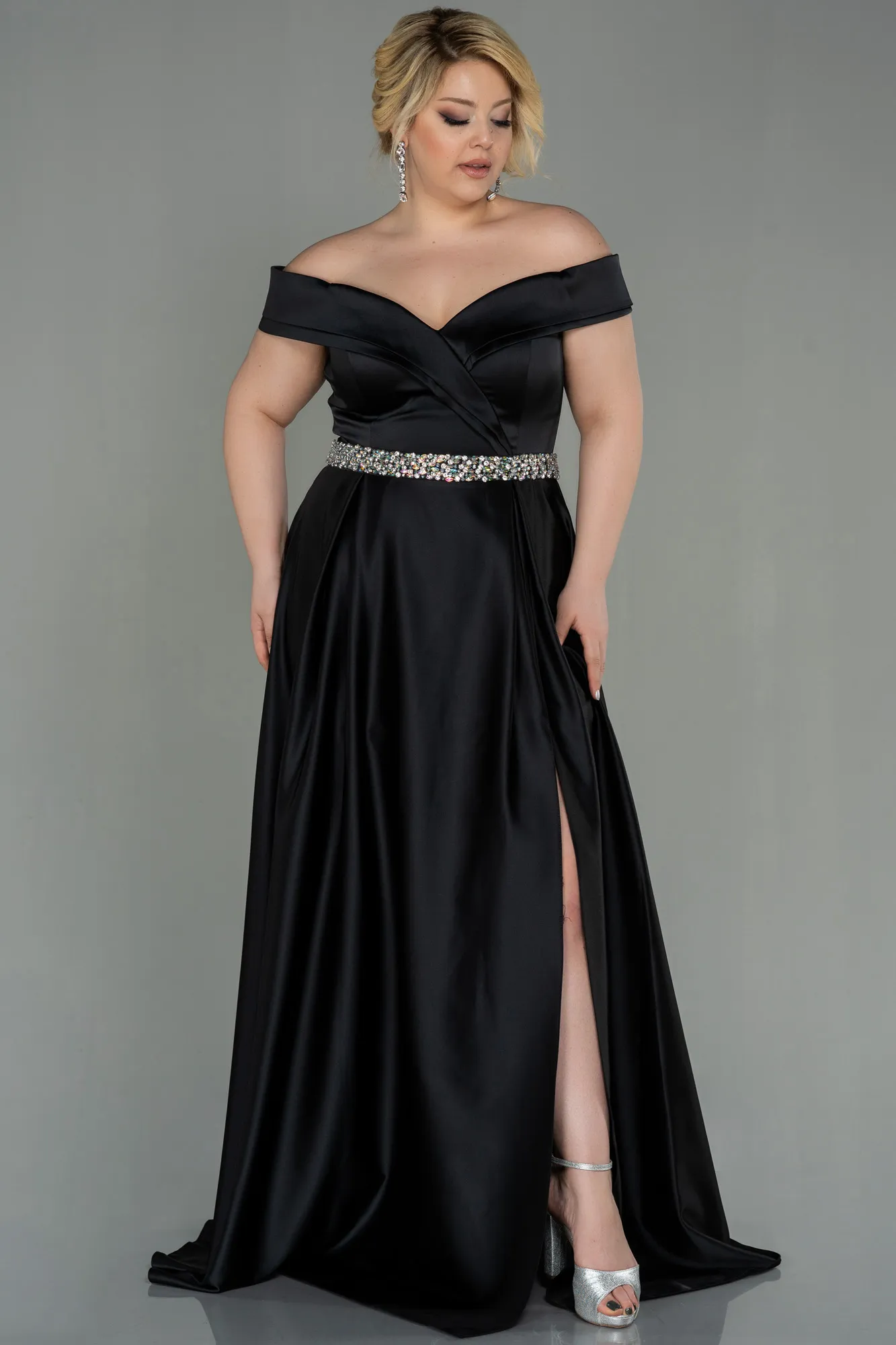 Black-Long Satin Plus Size Evening Dress ABU3017