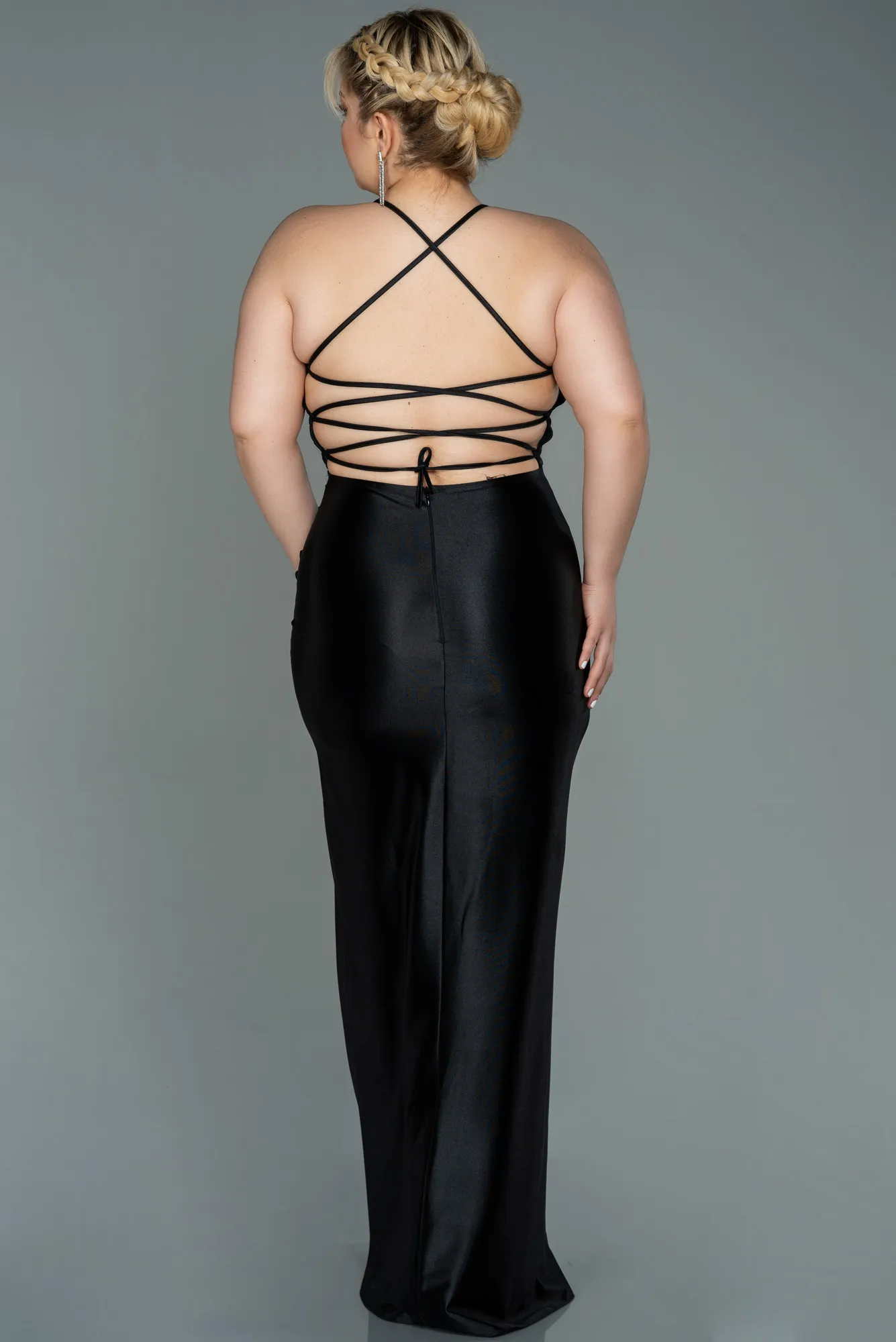 Black-Long Satin Plus Size Evening Dress ABU3053
