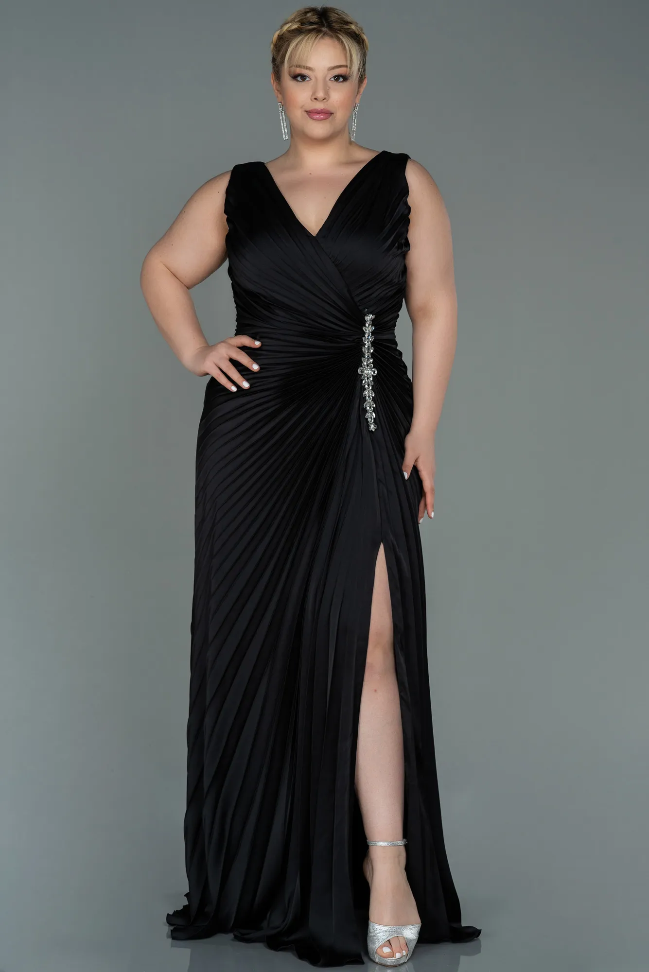 Black-Long Satin Plus Size Evening Dress ABU3076