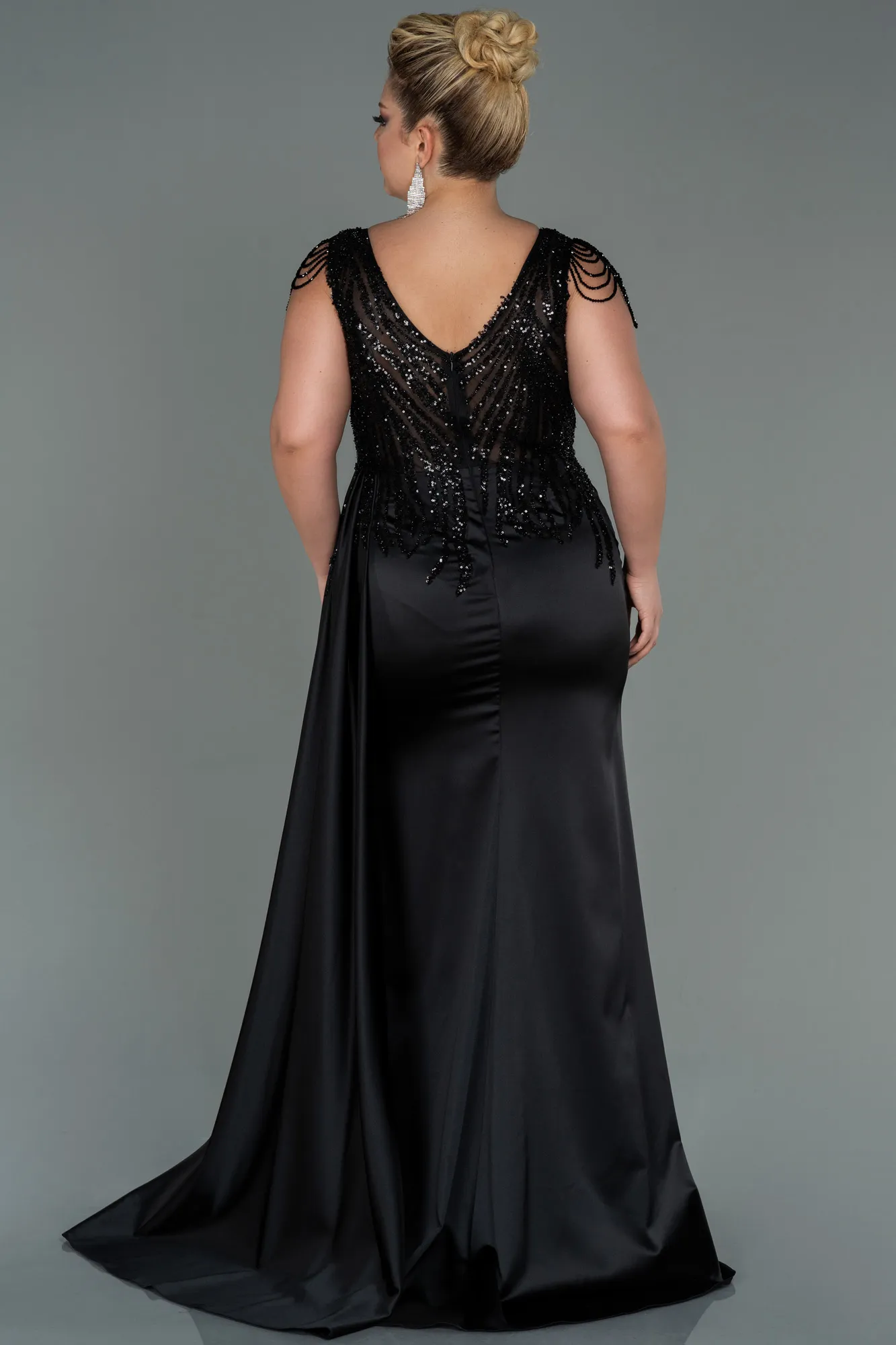 Black-Long Satin Plus Size Evening Dress ABU3169