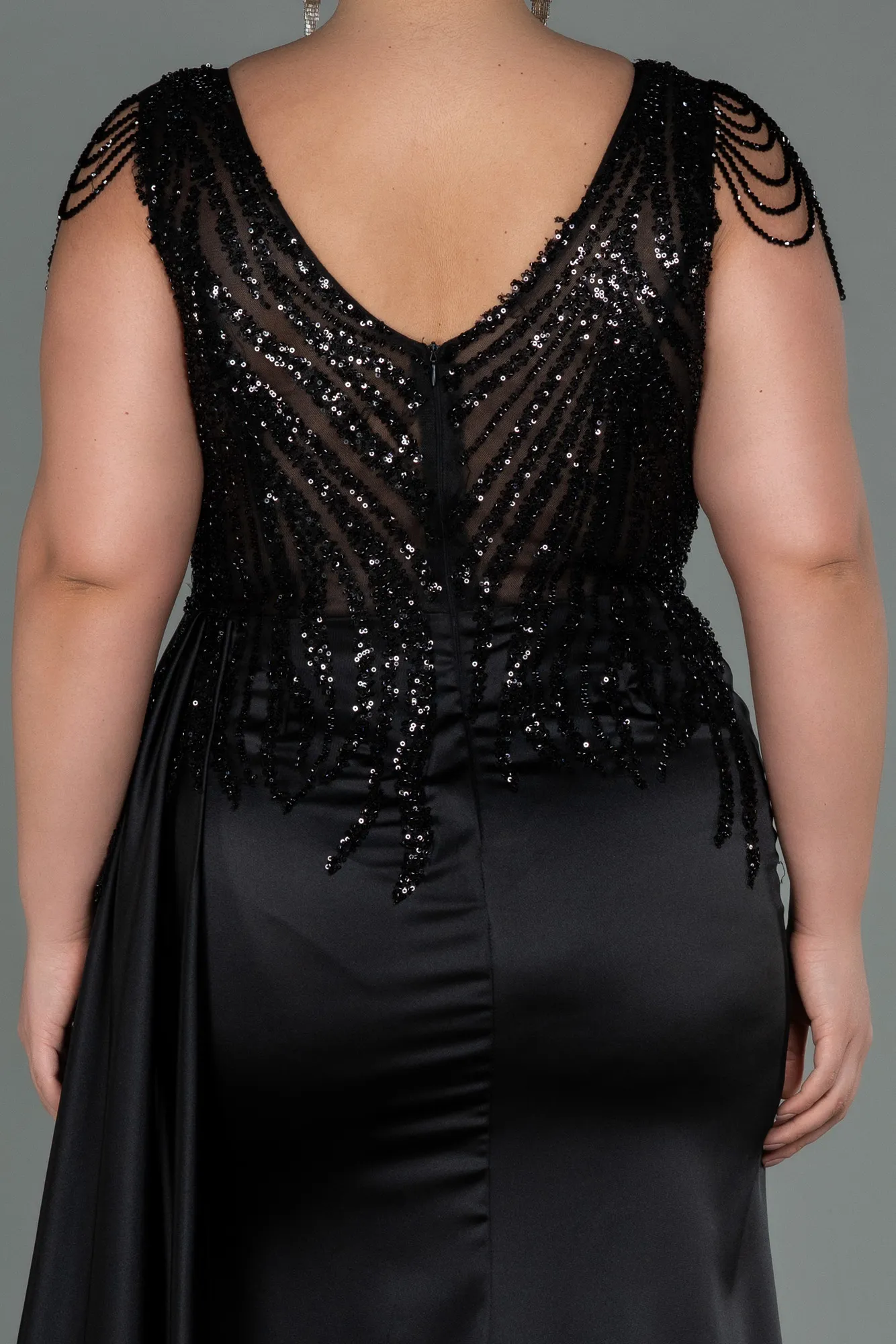 Black-Long Satin Plus Size Evening Dress ABU3169