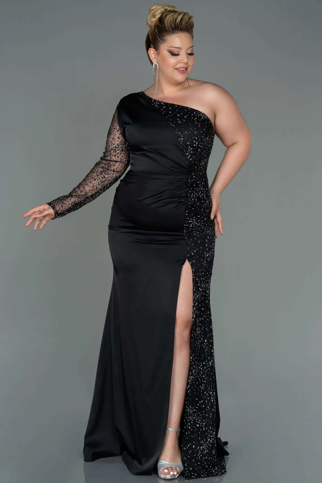 Black-Long Satin Plus Size Evening Dress ABU3170