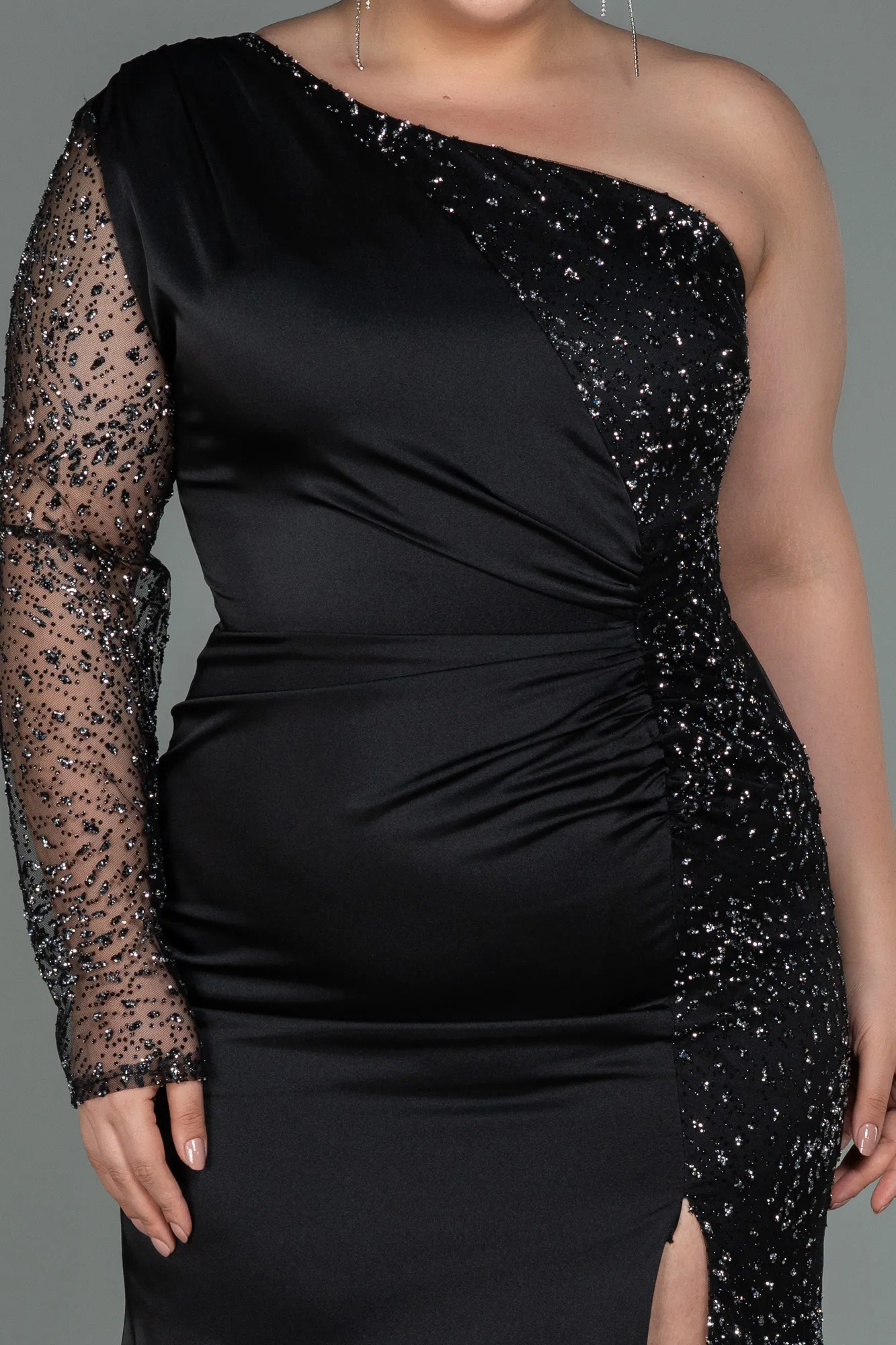 Black-Long Satin Plus Size Evening Dress ABU3170