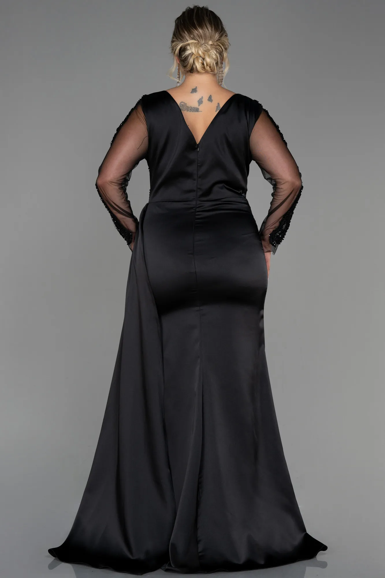 Black-Long Satin Plus Size Evening Dress ABU3223