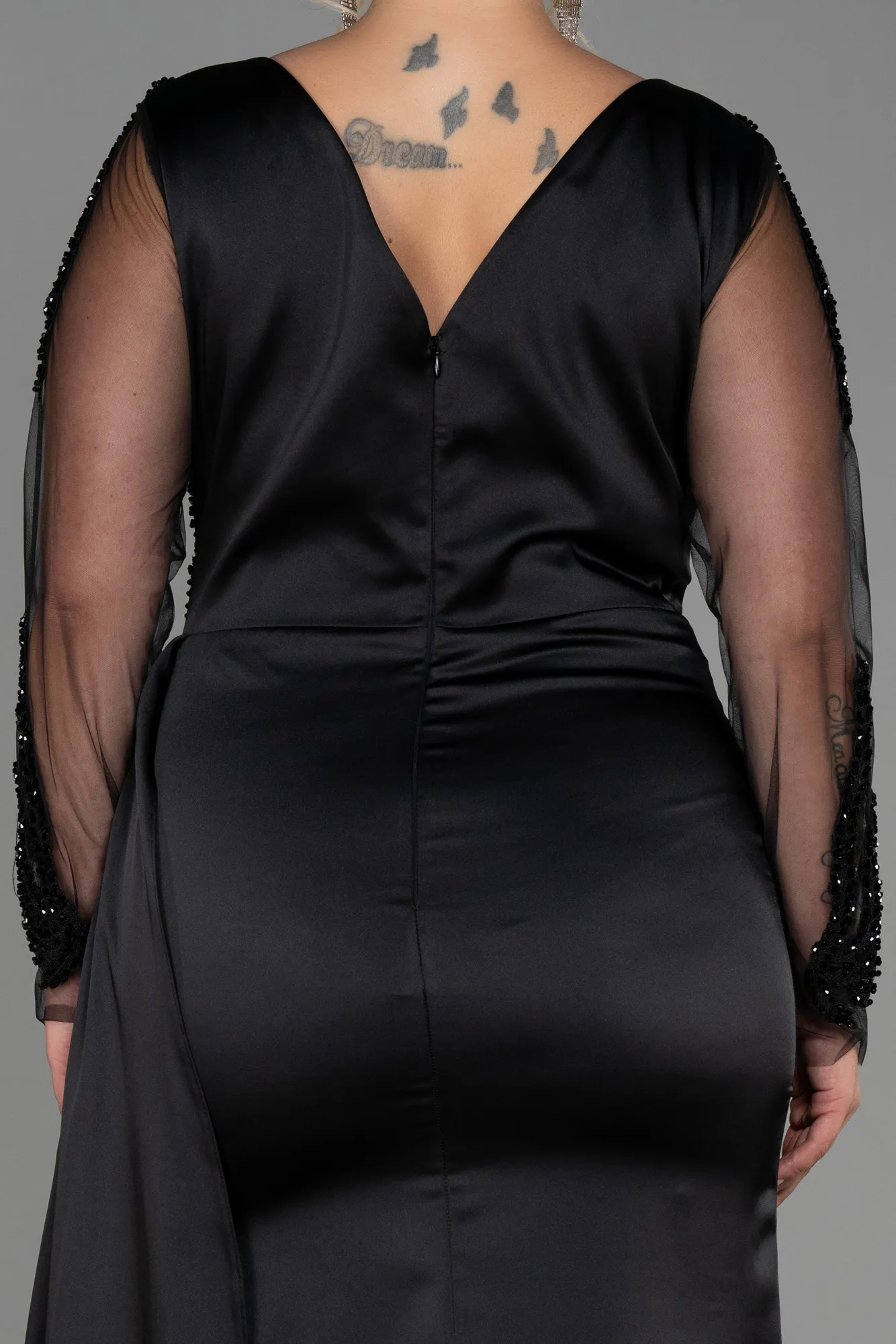 Black-Long Satin Plus Size Evening Dress ABU3223