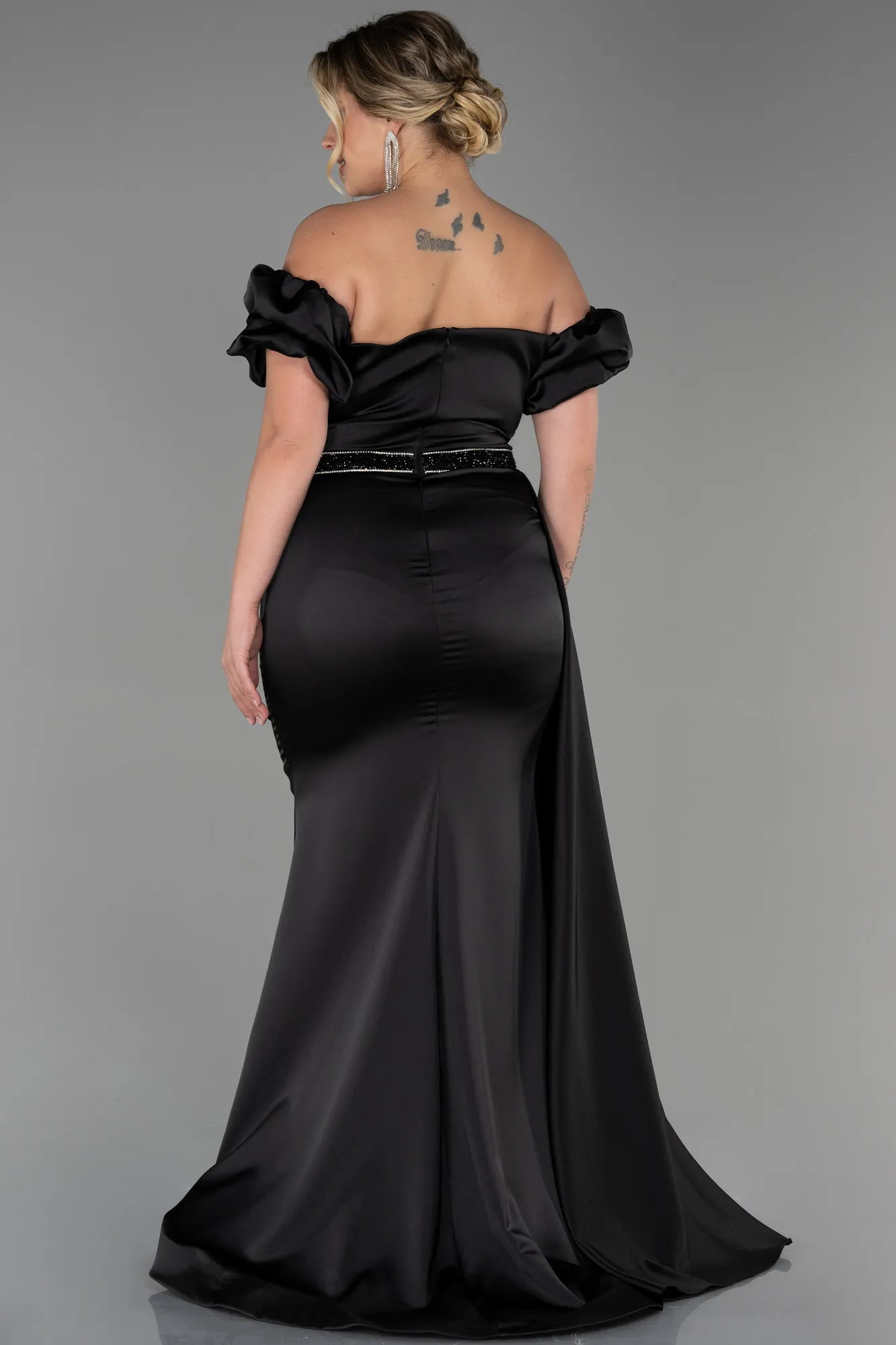 Black-Long Satin Plus Size Evening Dress ABU3332