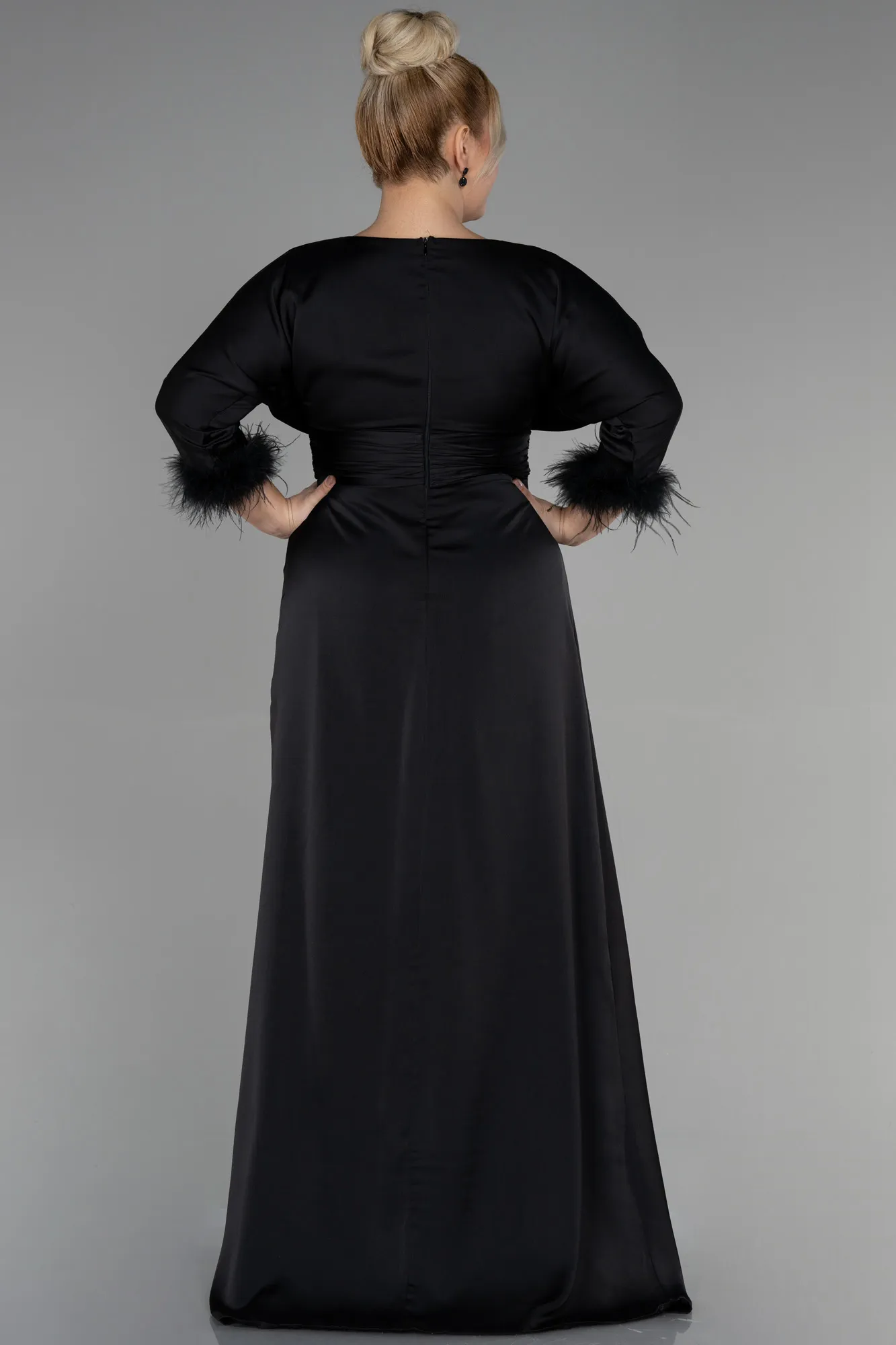 Black-Long Satin Plus Size Evening Dress ABU3367