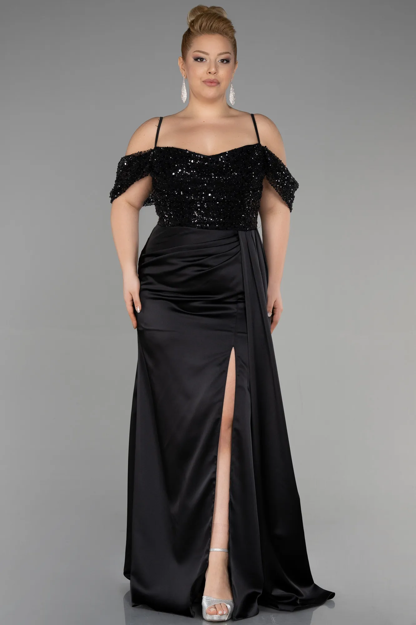 Black-Long Satin Plus Size Evening Dress ABU3522