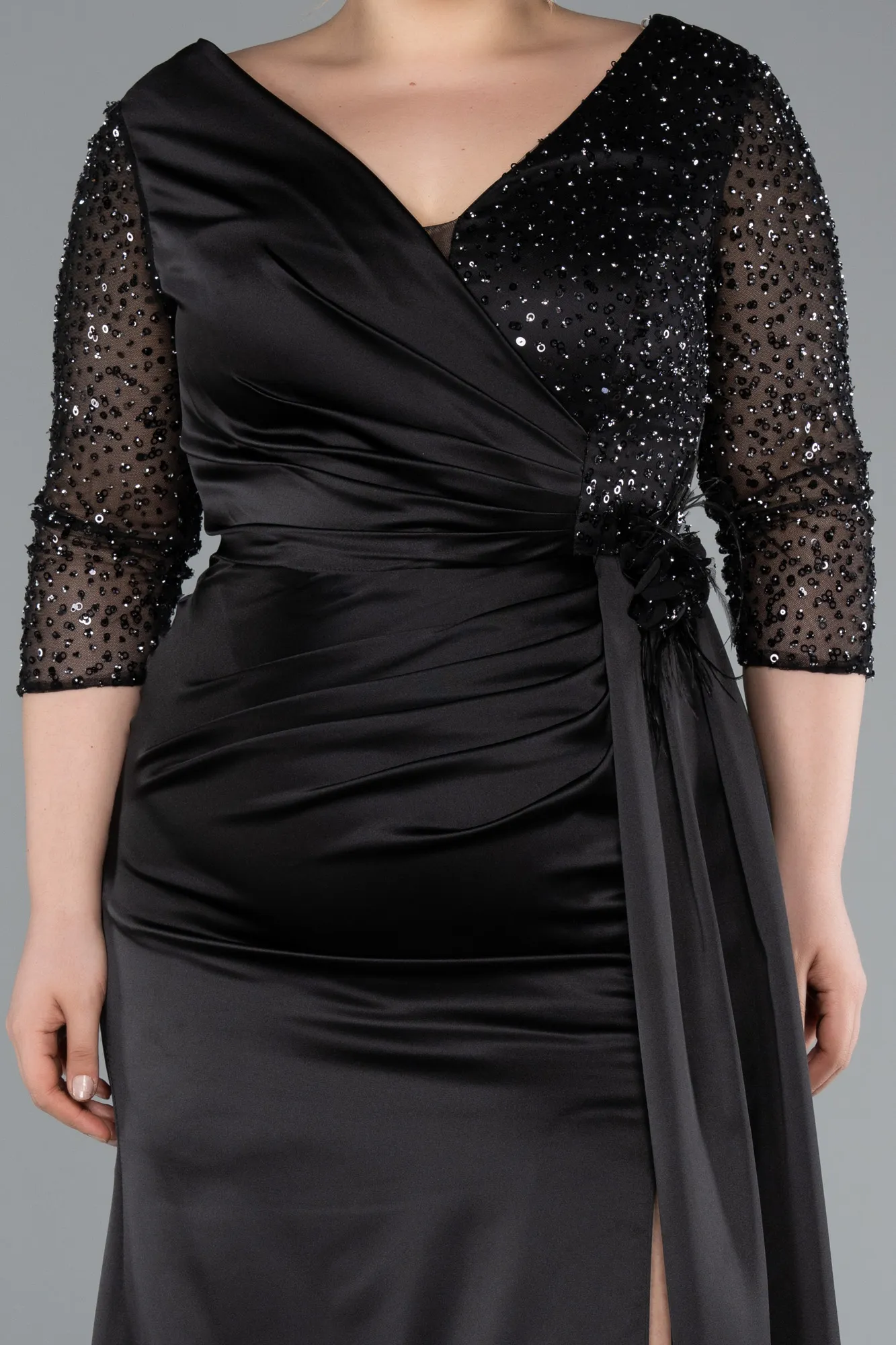 Black-Long Satin Plus Size Evening Dress ABU4919