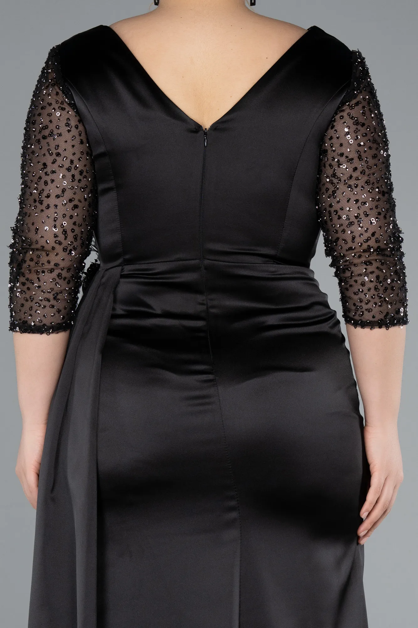 Black-Long Satin Plus Size Evening Dress ABU4919