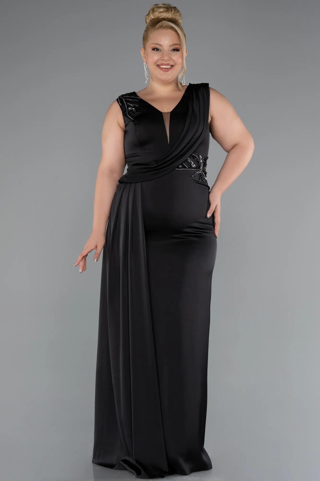 Black-Long Satin Plus Size Evening Dress ABU5193