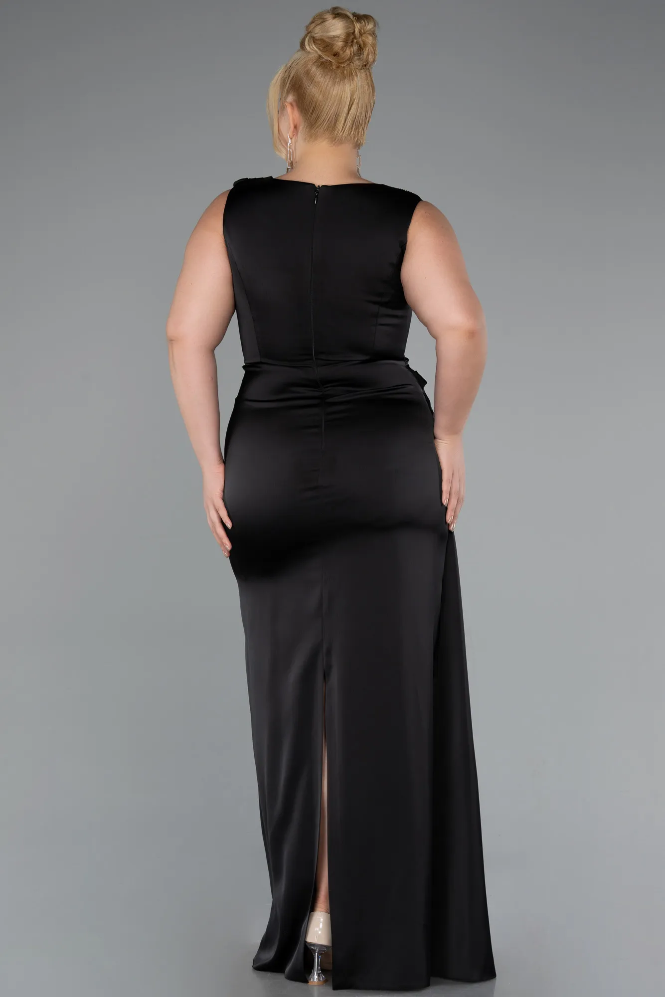 Black-Long Satin Plus Size Evening Dress ABU5193